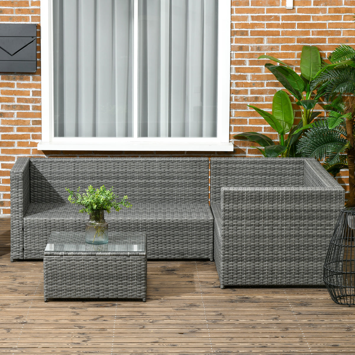 Rattan Wicker Outdoor Furniture Set - Grey, 3 Pieces w/ Loveseats & Table-Patio Furniture Sets-DECOROLALA