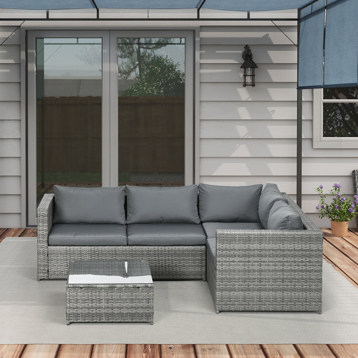 Rattan Wicker Outdoor Furniture Set - Grey, 3 Pieces w/ Loveseats & Table-Patio Furniture Sets-DECOROLALA