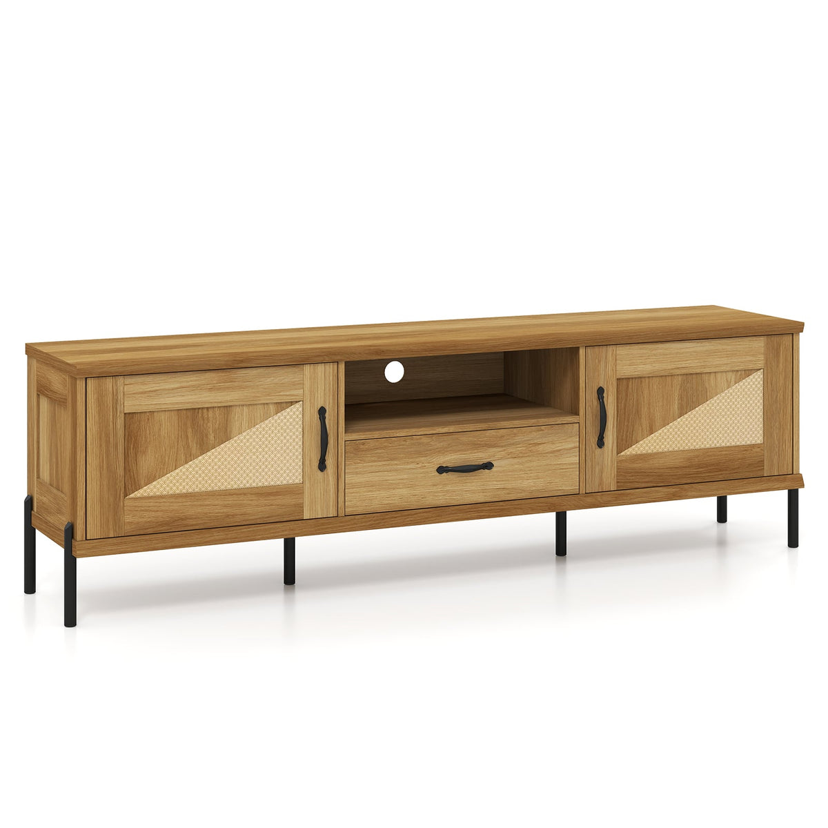 Rattan TV Stand for TVs up to 80" Mid Century Modern Media Console Table with 2 Storage Cabinets-Natural-Entertainment Centers & TV Stands-DECOROLALA