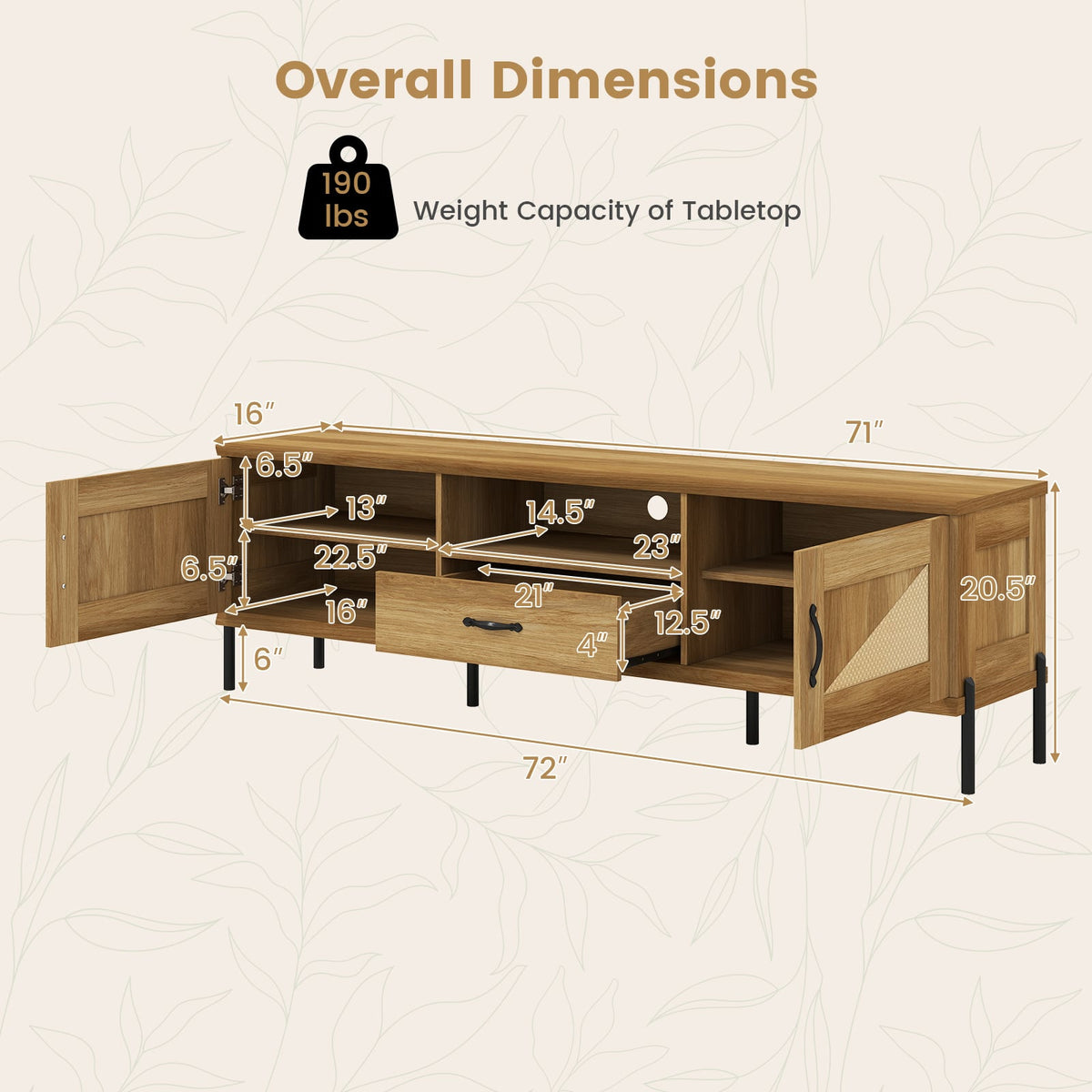 Rattan TV Stand for TVs up to 80" Mid Century Modern Media Console Table with 2 Storage Cabinets-Natural-Entertainment Centers & TV Stands-DECOROLALA