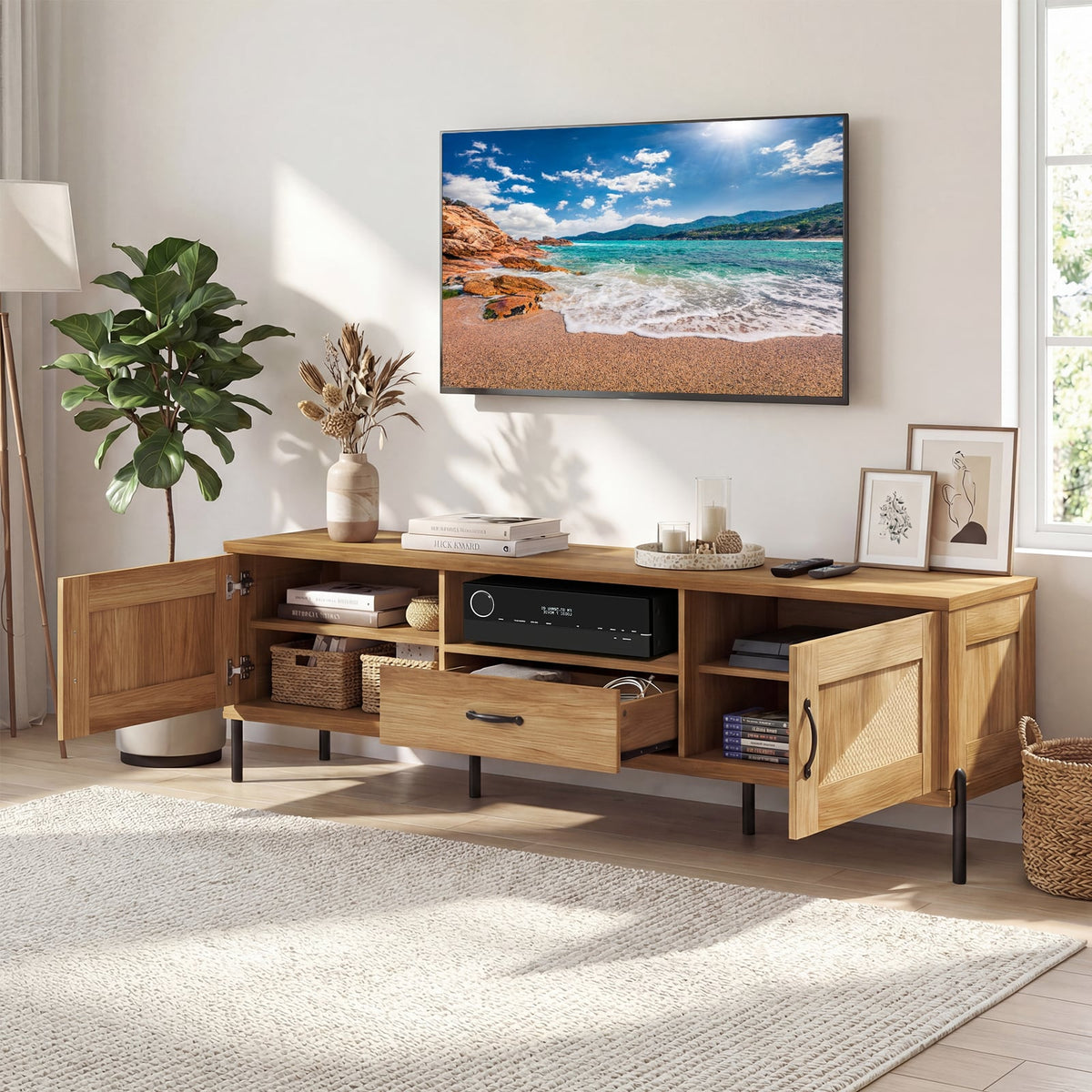 Rattan TV Stand for TVs up to 80" Mid Century Modern Media Console Table with 2 Storage Cabinets-Natural-Entertainment Centers & TV Stands-DECOROLALA