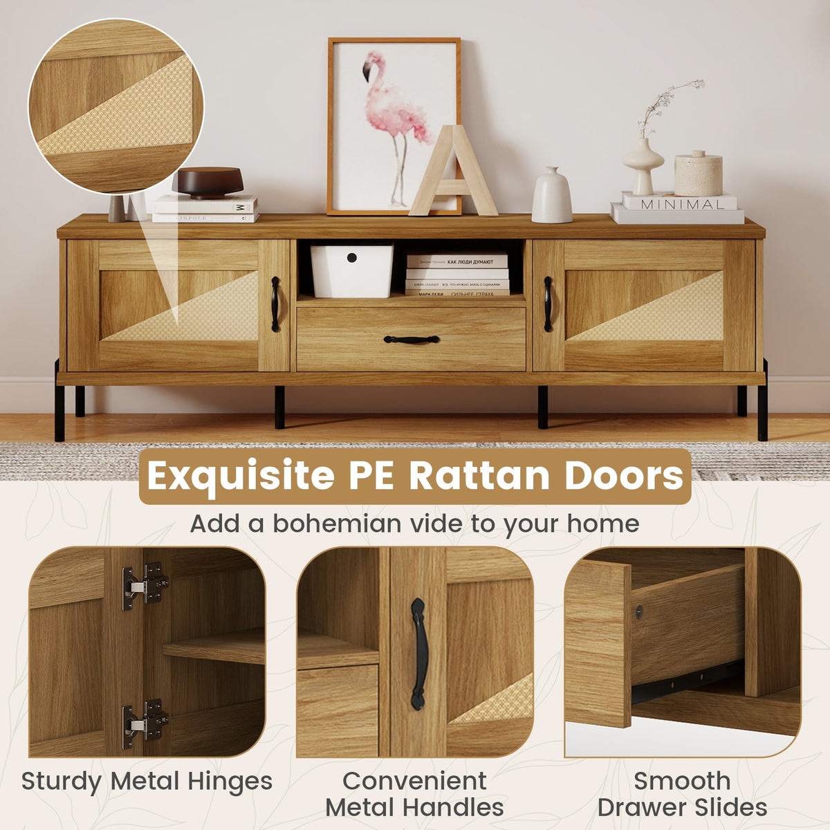 Rattan TV Stand for TVs up to 80" Mid Century Modern Media Console Table with 2 Storage Cabinets-Natural-Entertainment Centers & TV Stands-DECOROLALA