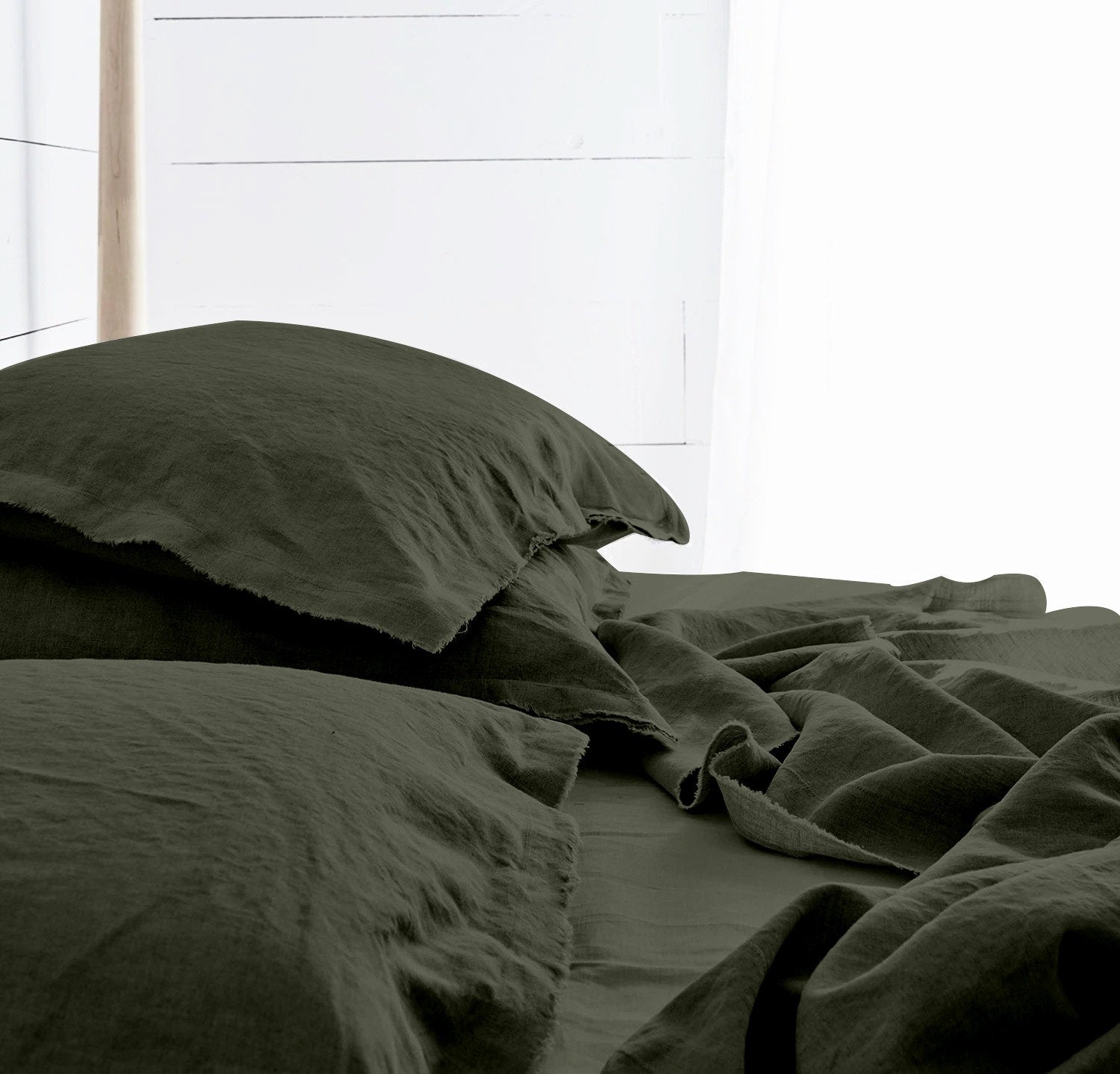Raw Edged Moss Green - 100% Pure Linen | Linen Cotton Mix | 3 Piece Duvet Cover Set | 4 Piece Sheet Set | Handmade | Pre-washed | Soft-n/a-DECOROLALA