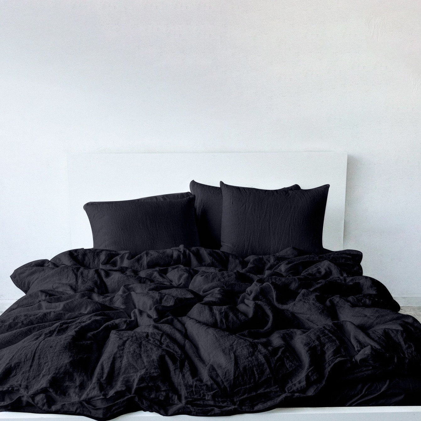 Raw Edged Pure Black - 100% Pure Linen | Linen Cotton Mix | 3 Piece Duvet Cover Set | 4 Piece Sheet Set | Handmade | Pre-washed | Soft-n/a-DECOROLALA