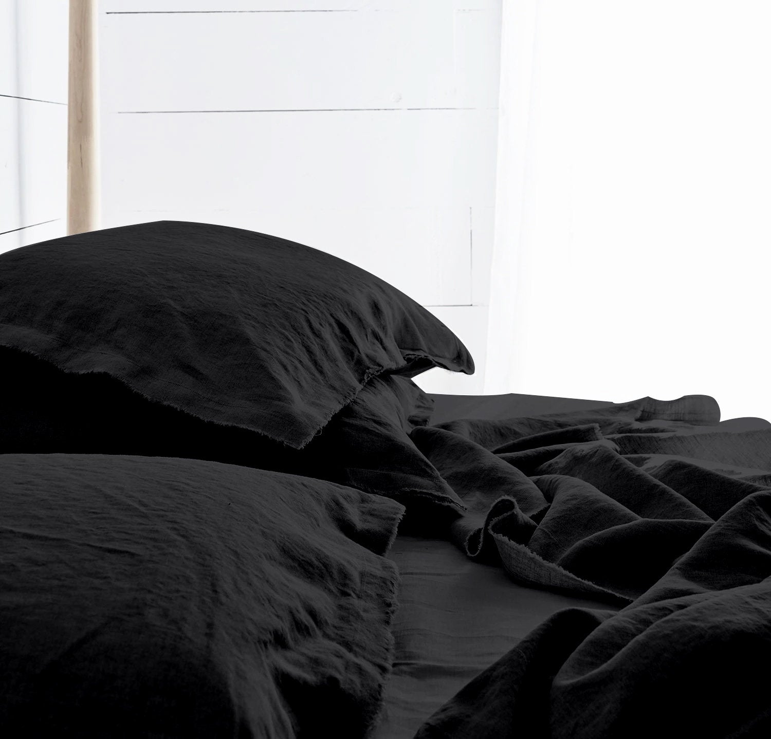 Raw Edged Pure Black - 100% Pure Linen | Linen Cotton Mix | 3 Piece Duvet Cover Set | 4 Piece Sheet Set | Handmade | Pre-washed | Soft-n/a-DECOROLALA
