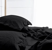 Raw Edged Pure Black - 100% Pure Linen | Linen Cotton Mix | 3 Piece Duvet Cover Set | 4 Piece Sheet Set | Handmade | Pre-washed | Soft-n/a-DECOROLALA