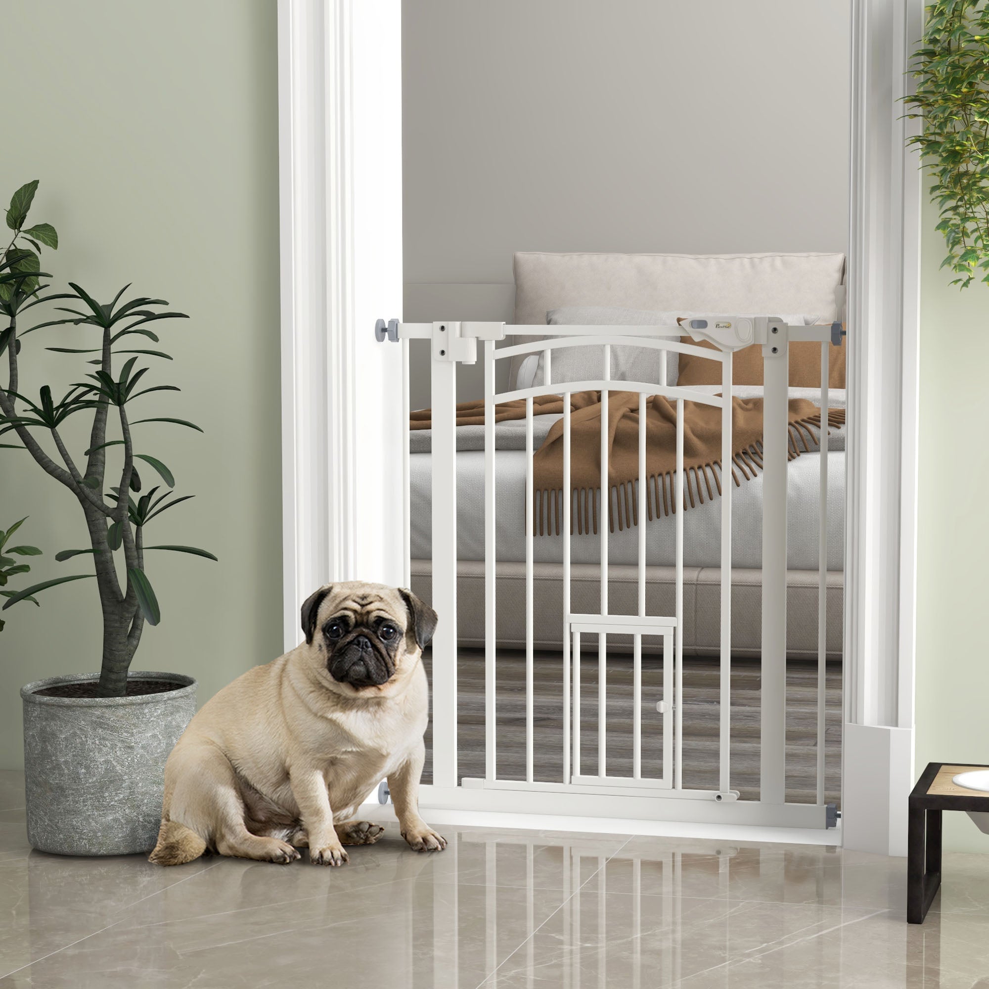 Auto-Close Pet Gate, Stair Gate with Cat Door, Double Locking for Doorways Hallways Stairs, Fits 29"-31.5" Wide, White