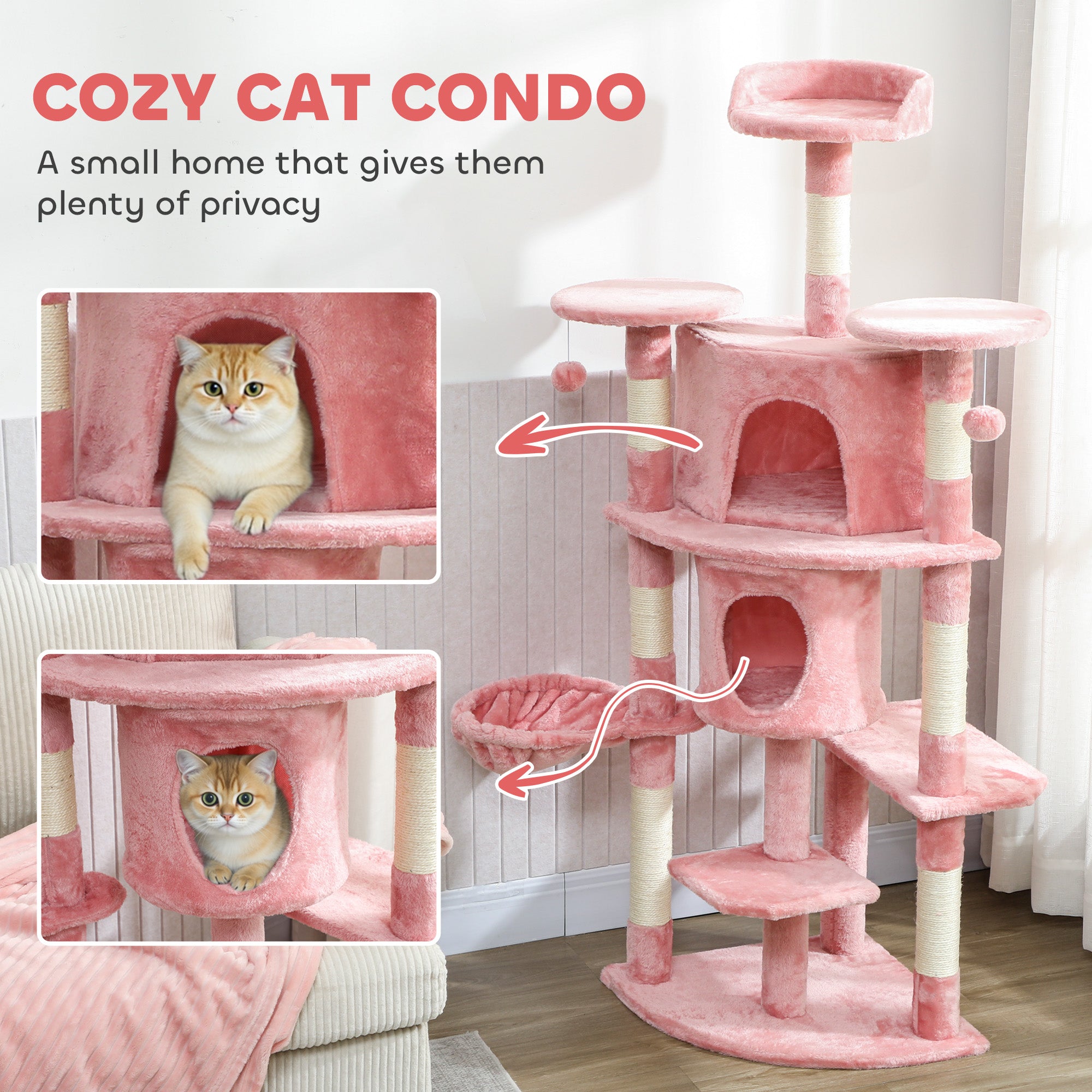 62" Cat Tree with Scratching Post, 2 Condos, Hammock, Perches, Plush, Pompoms, for Indoor Cats, Pink