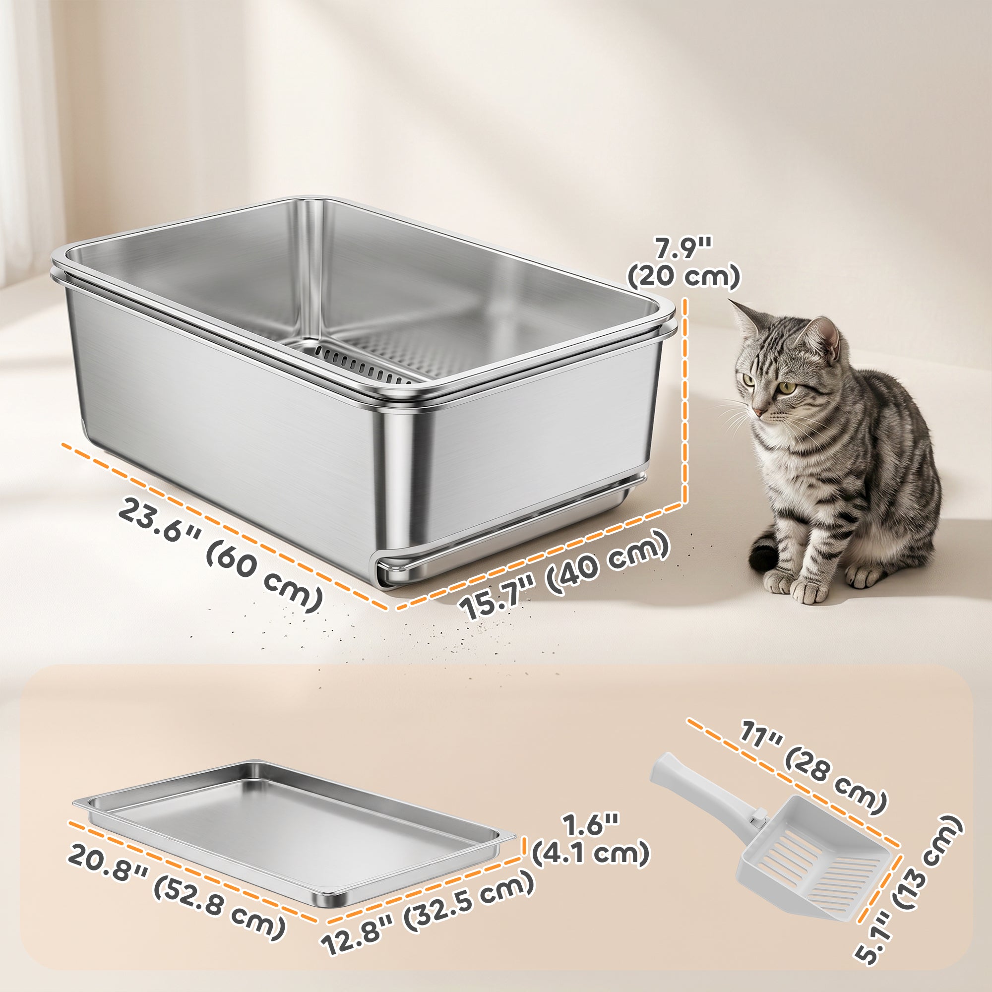 Bac à litière pour chat en acier inoxydable, bac à litière tamisant XL pour chats moyens et grands, antiadhésif, sans odeur, facile à nettoyer