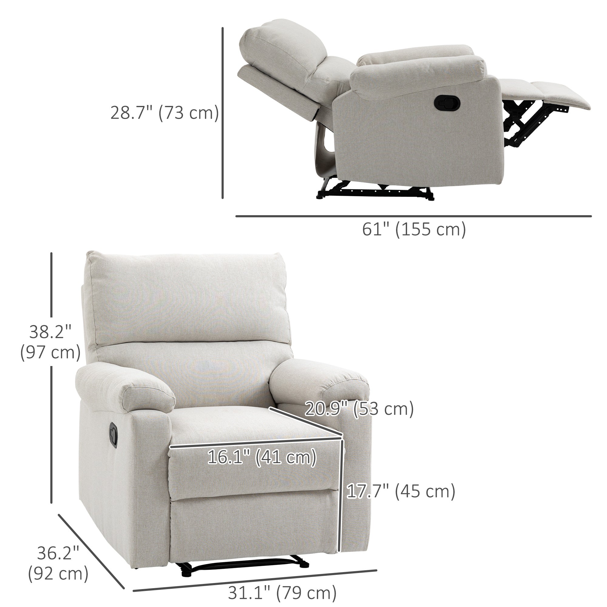 Recliner Chair, Manual Reclining with Footrest, Cream White, Living Room/Bedroom-DECOROLALA