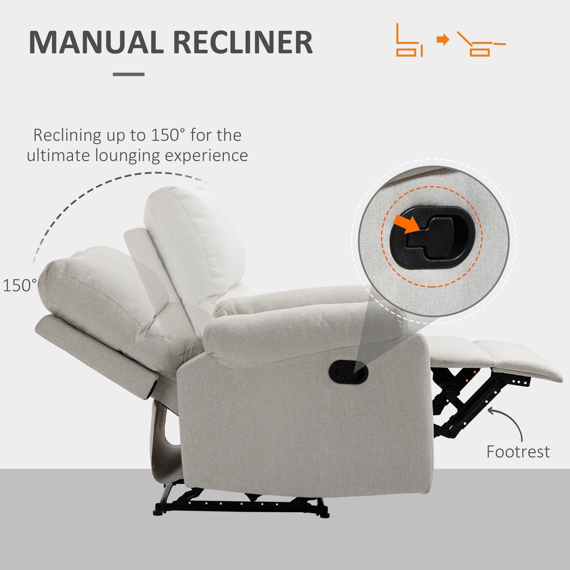 Recliner Chair, Manual Reclining with Footrest, Cream White, Living Room/Bedroom-DECOROLALA
