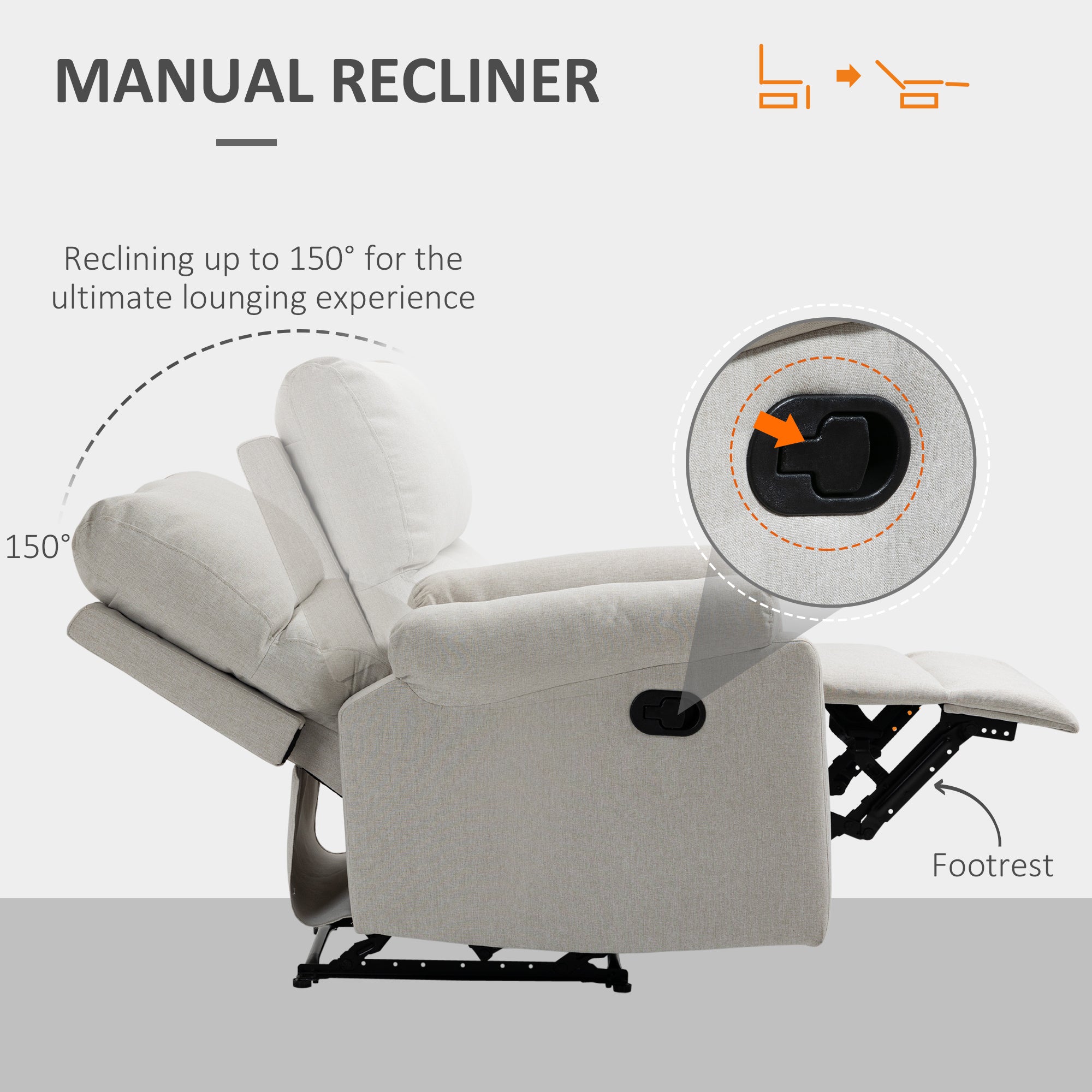 Recliner Chair, Manual Reclining with Footrest, Cream White, Living Room/Bedroom-DECOROLALA
