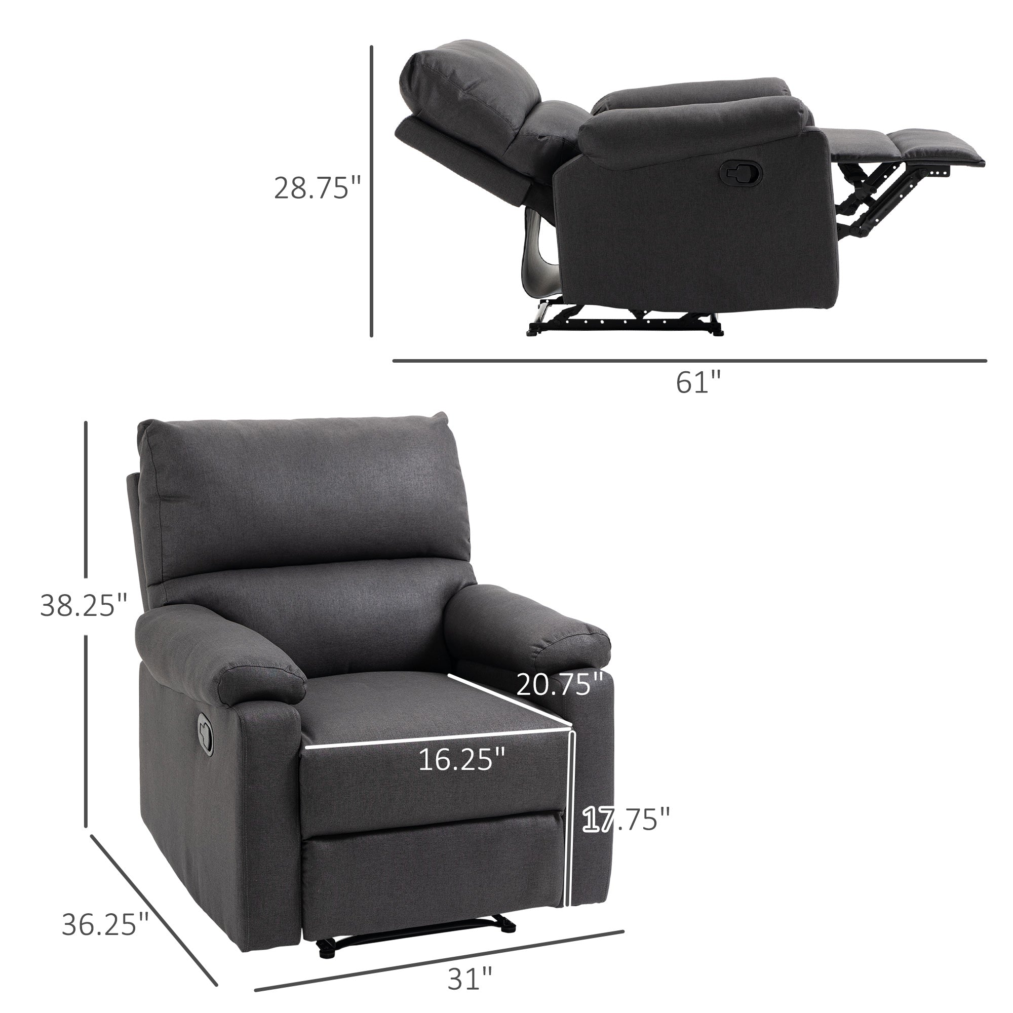 Recliner Chair, Manual Reclining with Footrest, Dark Grey, Living Room-DECOROLALA