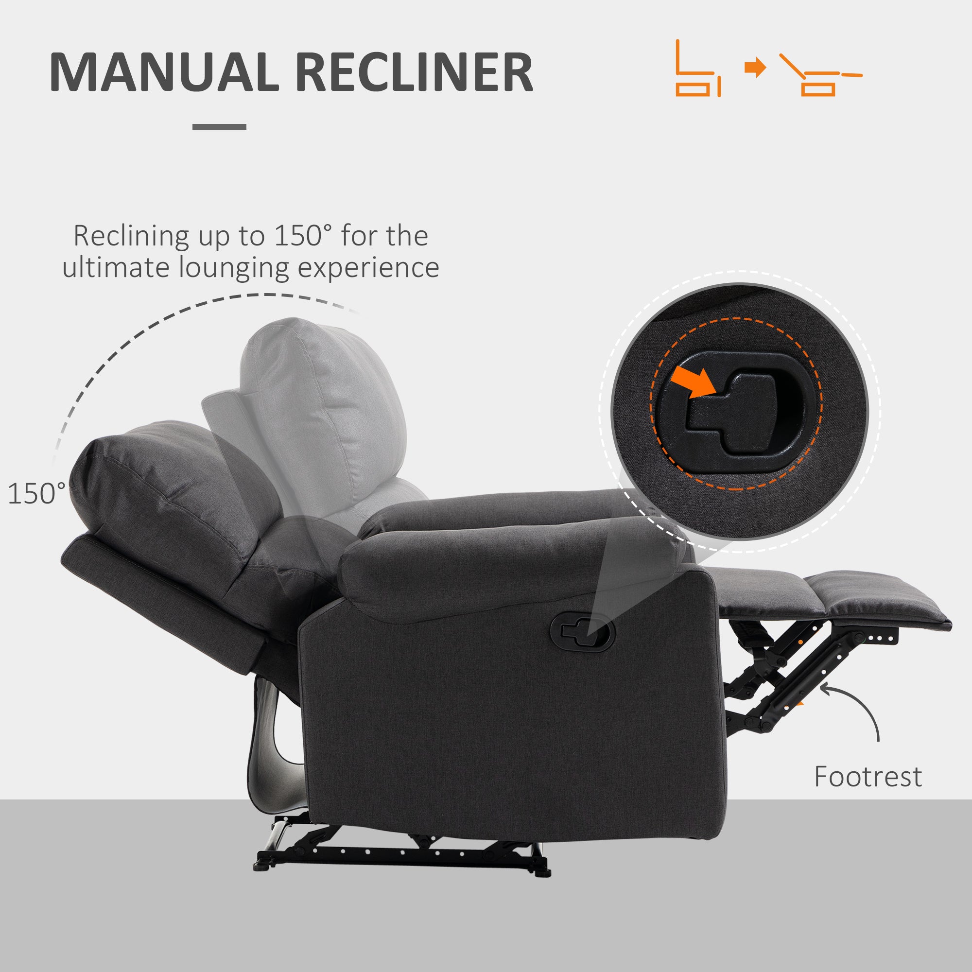 Recliner Chair, Manual Reclining with Footrest, Dark Grey, Living Room-DECOROLALA