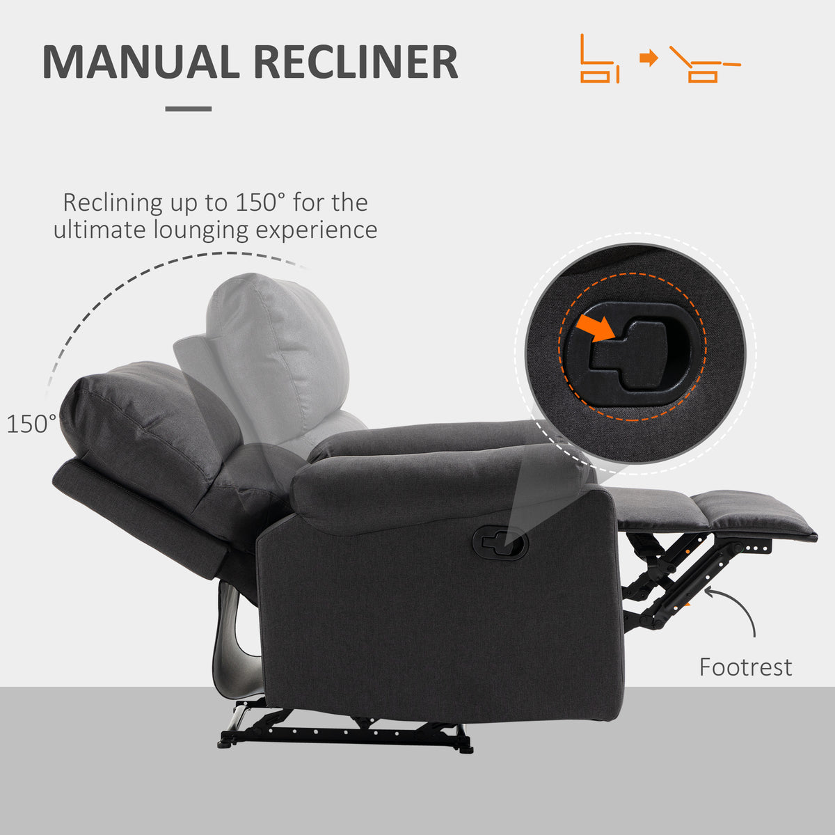 Recliner Chair, Manual Reclining with Footrest, Dark Grey, Living Room-DECOROLALA
