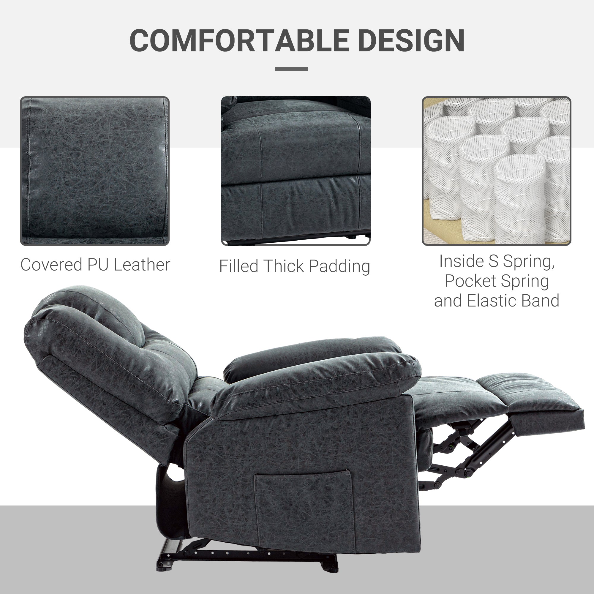Recliner Chair PU Leather Black Manual Footrest-DECOROLALA