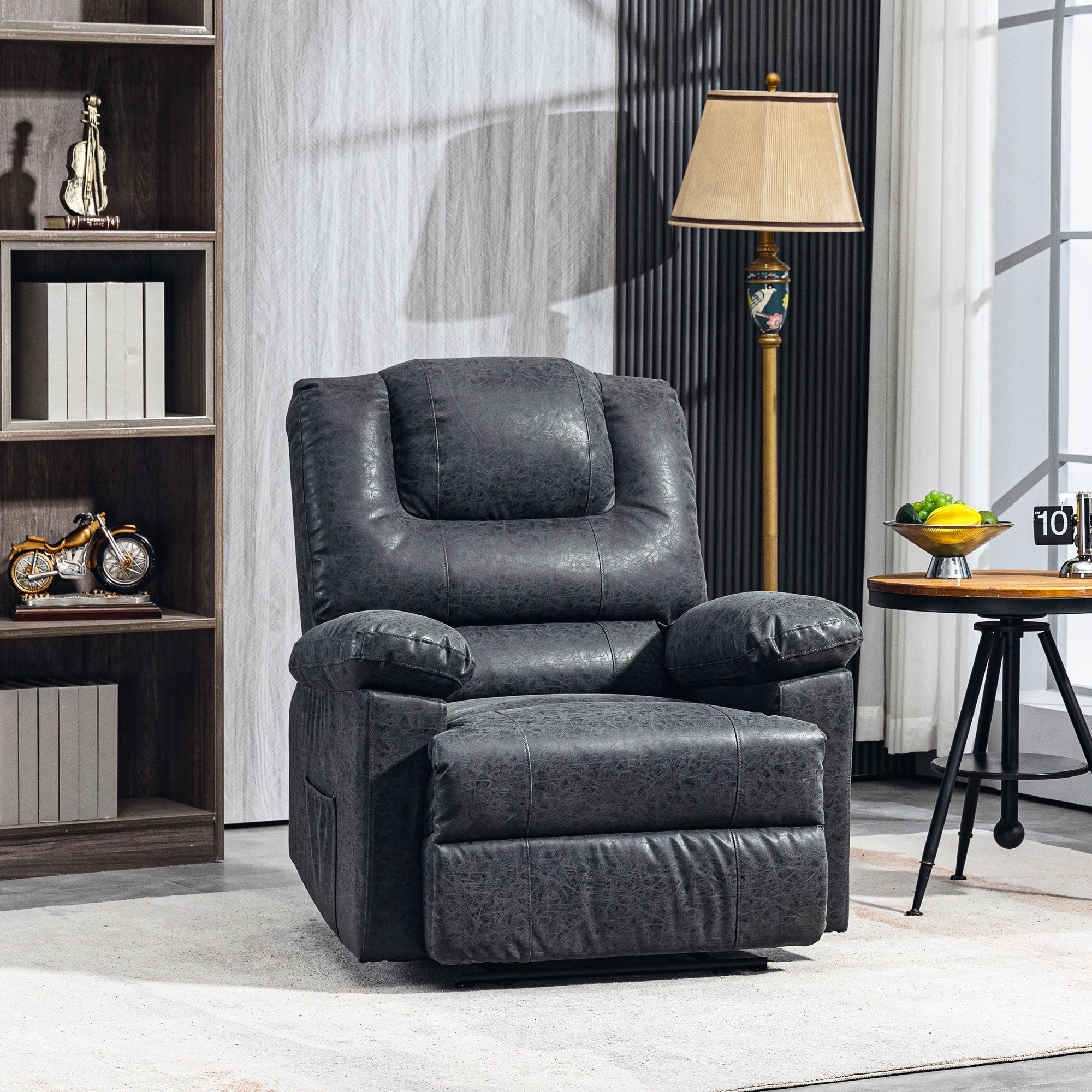 Recliner Chair PU Leather Black Manual Footrest-DECOROLALA