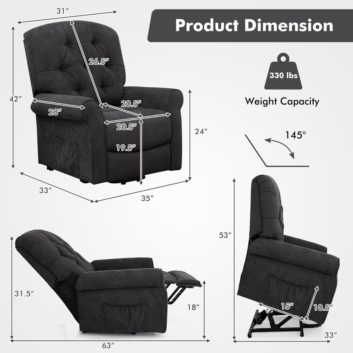 Recliner Chair Sofa for Elderly with Side Pocket and Remote Control-Black-Recliners-DECOROLALA