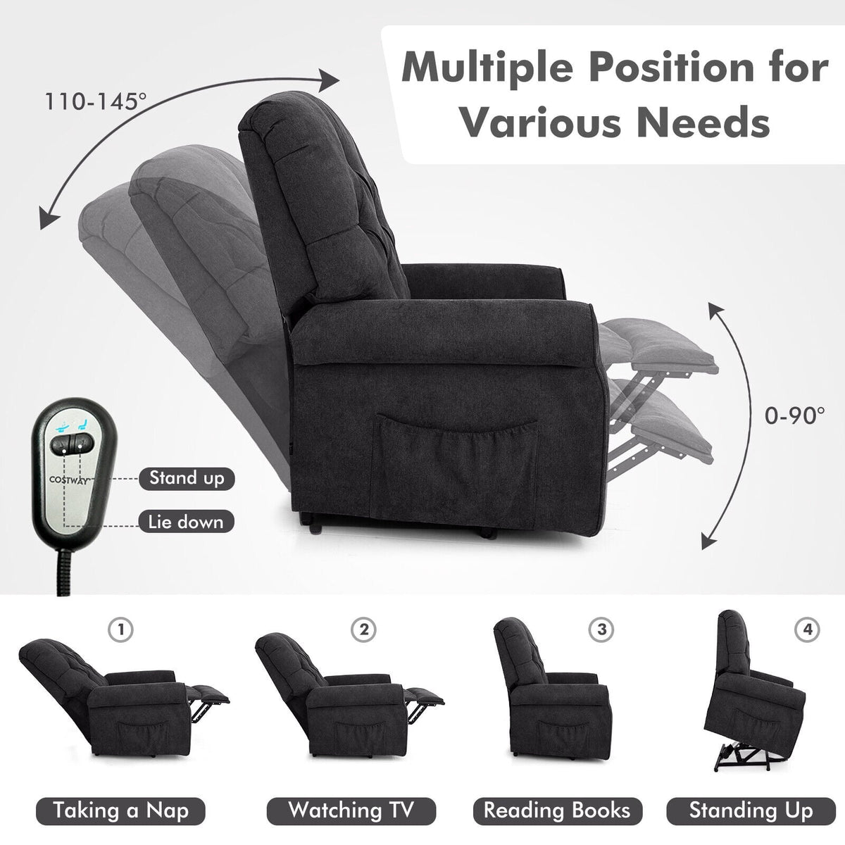 Recliner Chair Sofa for Elderly with Side Pocket and Remote Control-Black-Recliners-DECOROLALA