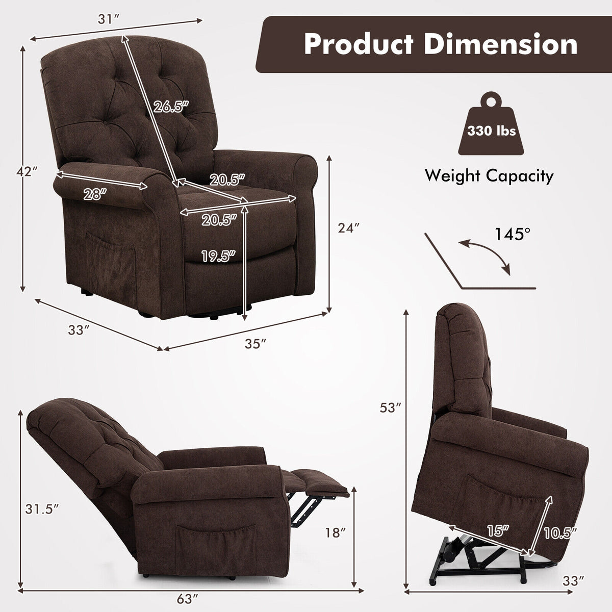 Recliner Chair Sofa for Elderly with Side Pocket and Remote Control-Brown-Recliners-DECOROLALA