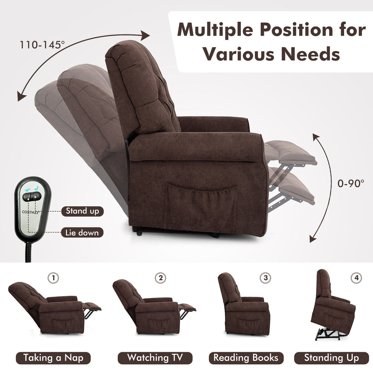 Recliner Chair Sofa for Elderly with Side Pocket and Remote Control-Brown-Recliners-DECOROLALA