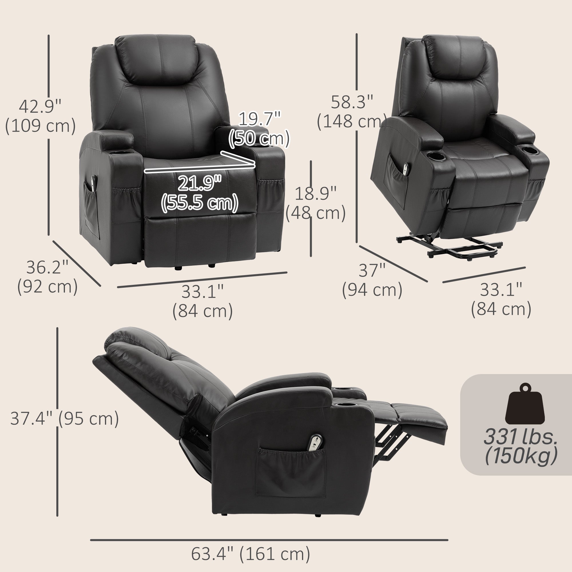 Recliner Lift Chair, PU Leather, High Back, Remote, Footrest, Black-DECOROLALA
