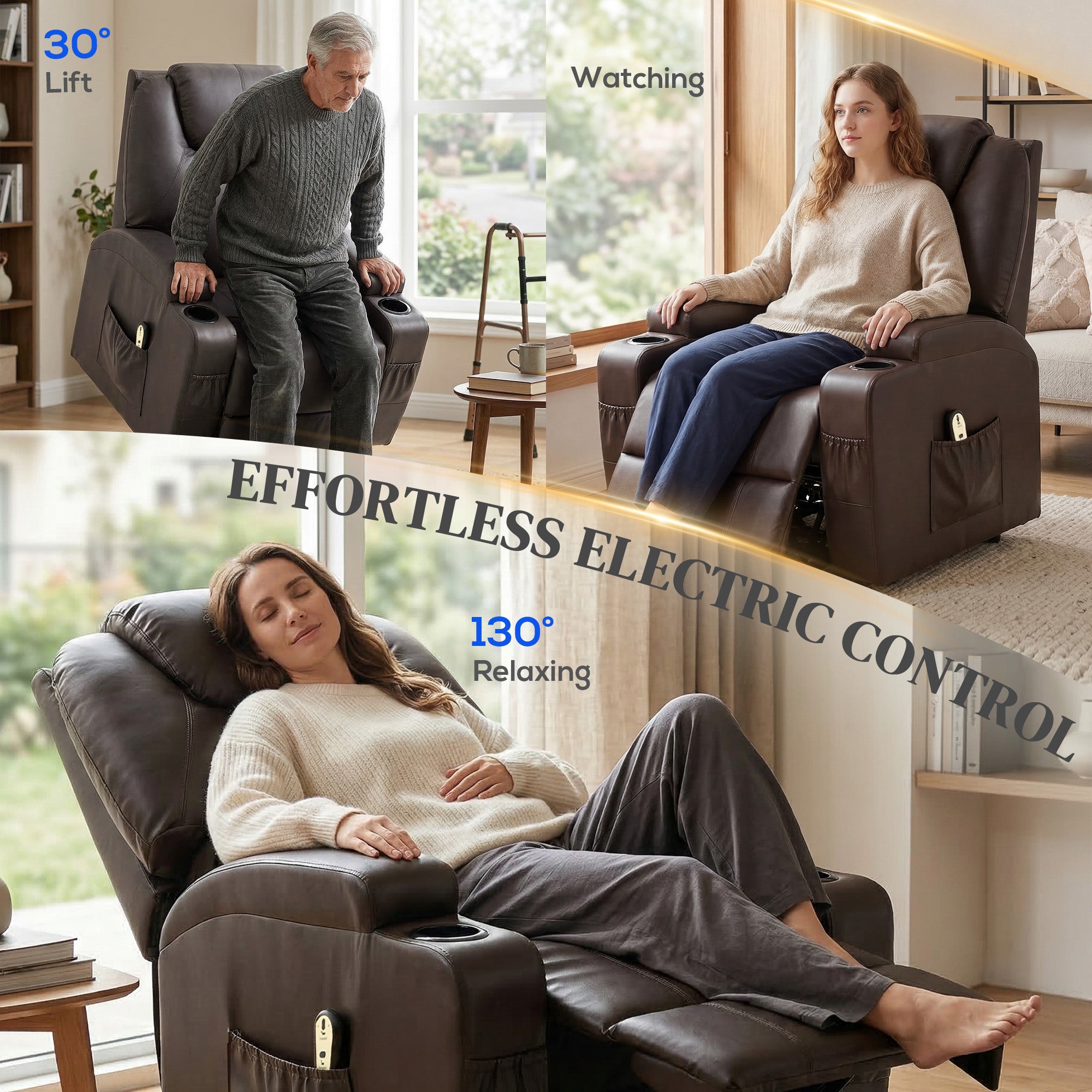 Recliner Lift Chair, PU Leather, High Back, Remote, Footrest, Black-DECOROLALA