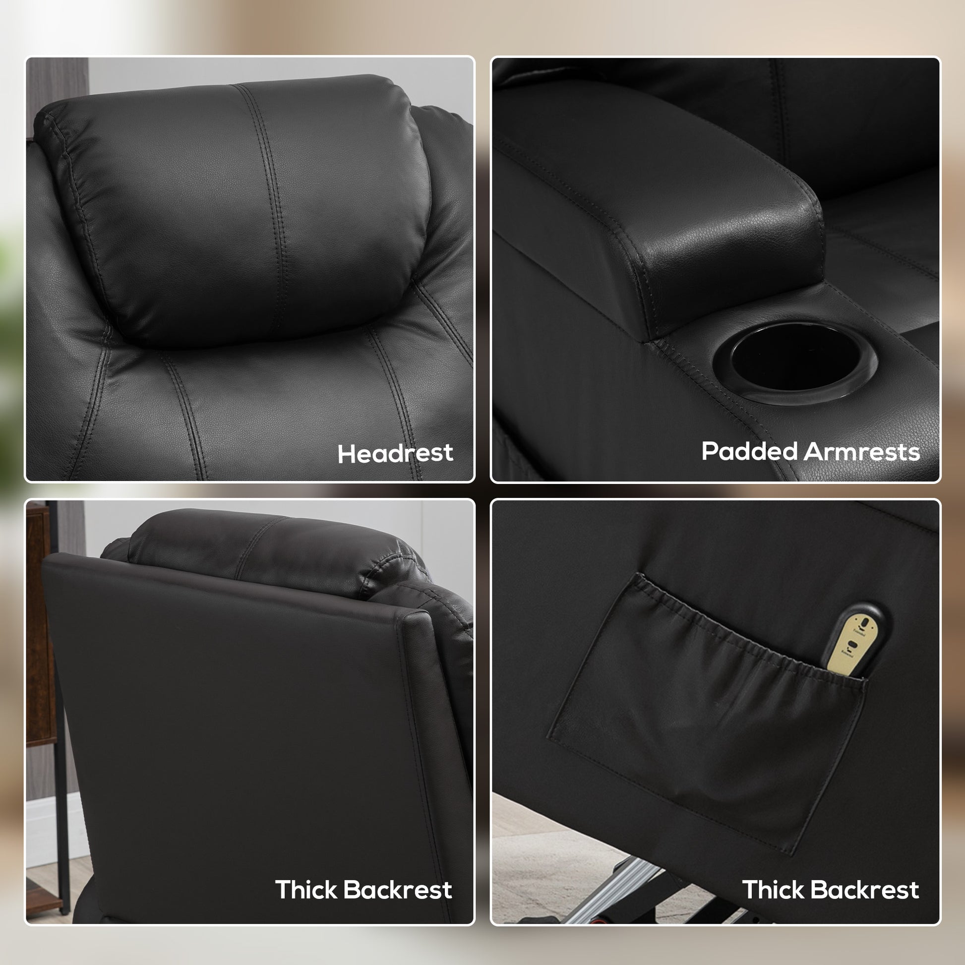 Recliner Lift Chair, PU Leather, High Back, Remote, Footrest, Black-DECOROLALA