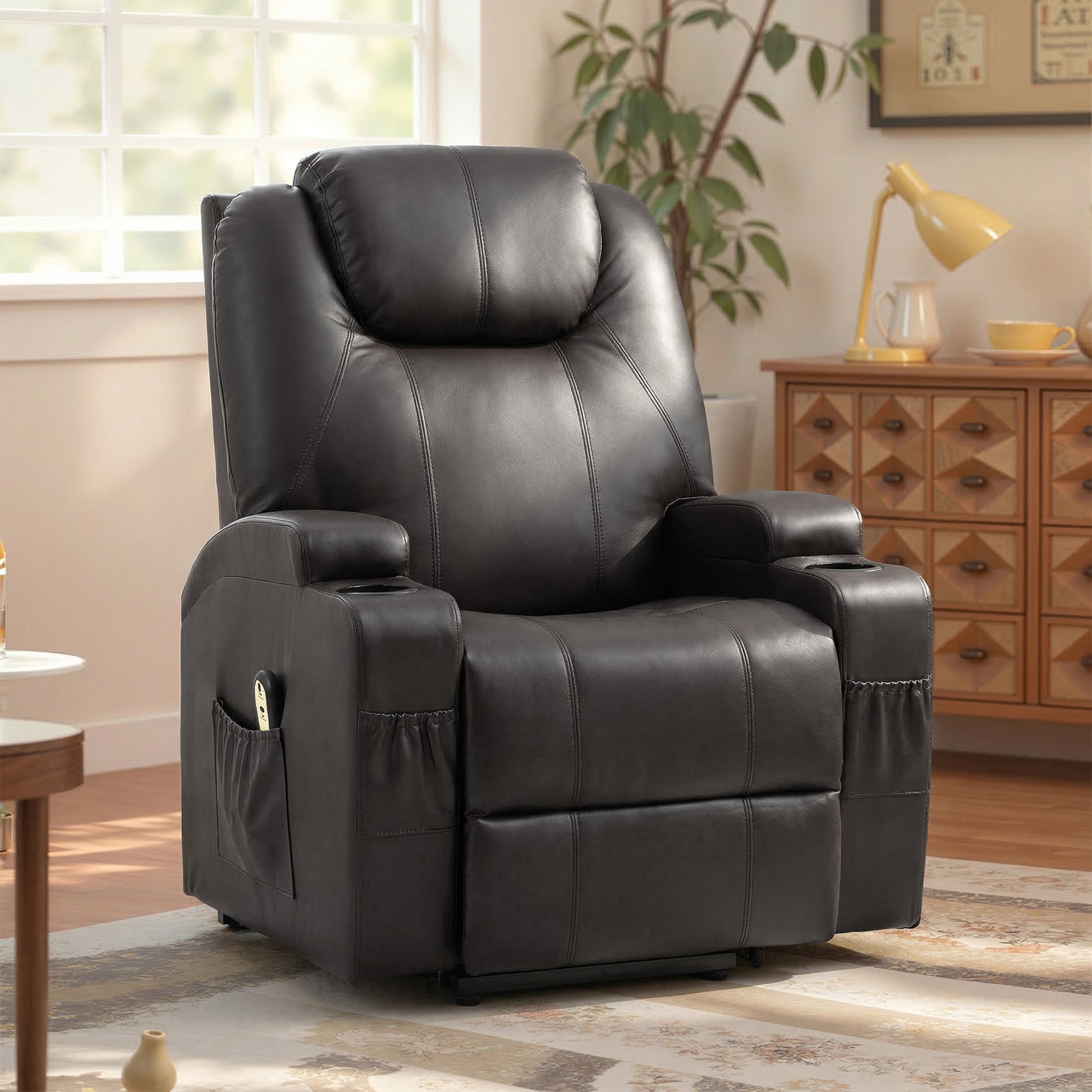 Recliner Lift Chair, PU Leather, High Back, Remote, Footrest, Black-DECOROLALA