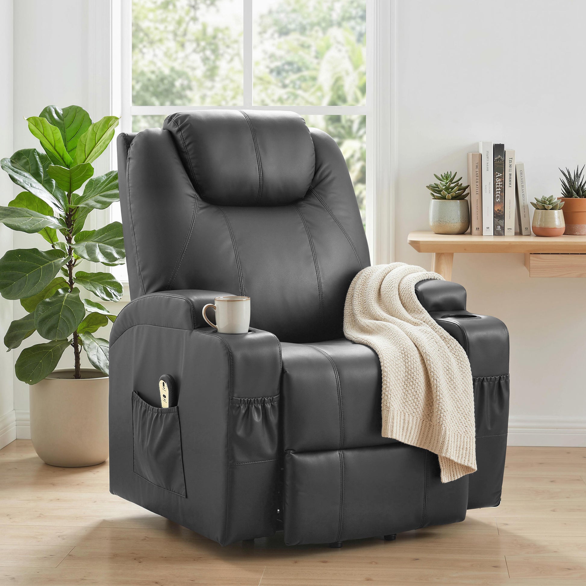 Recliner Lift Chair, PU Leather, High Back, Remote, Footrest, Black-DECOROLALA