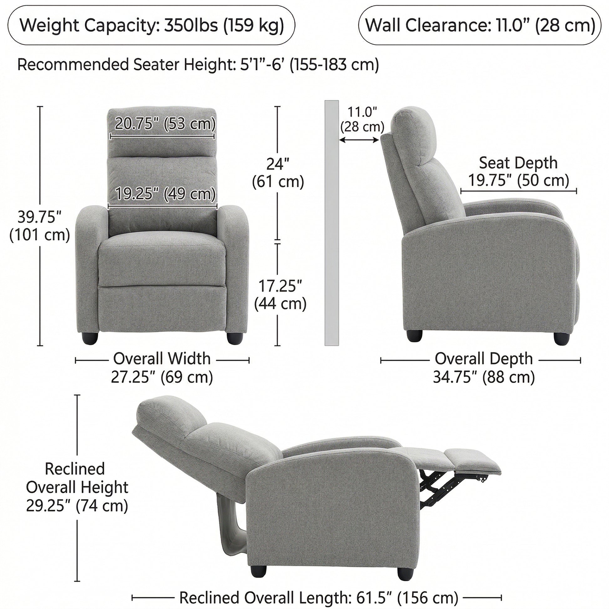 Recliner Sofa Armchair, Single Light Grey Linen-Touch Home Theater Seating-DECOROLALA