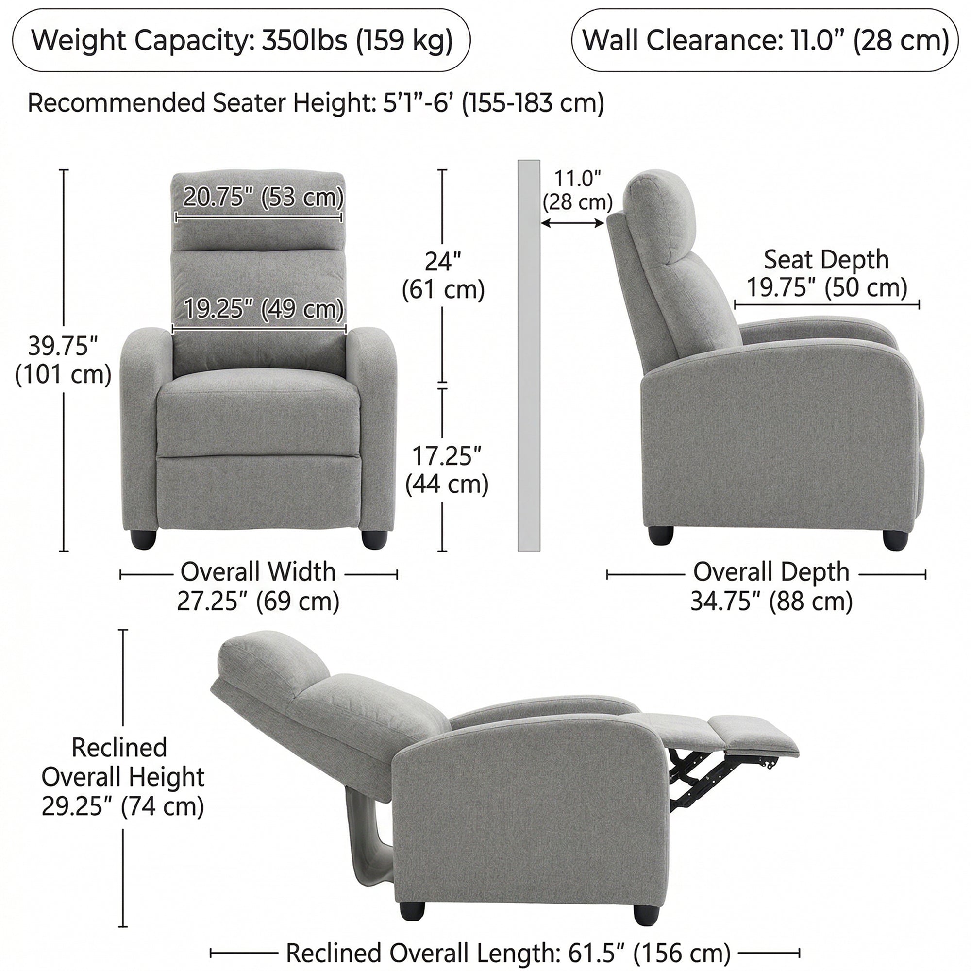 Recliner Sofa Armchair, Single Light Grey Linen-Touch Home Theater Seating-DECOROLALA