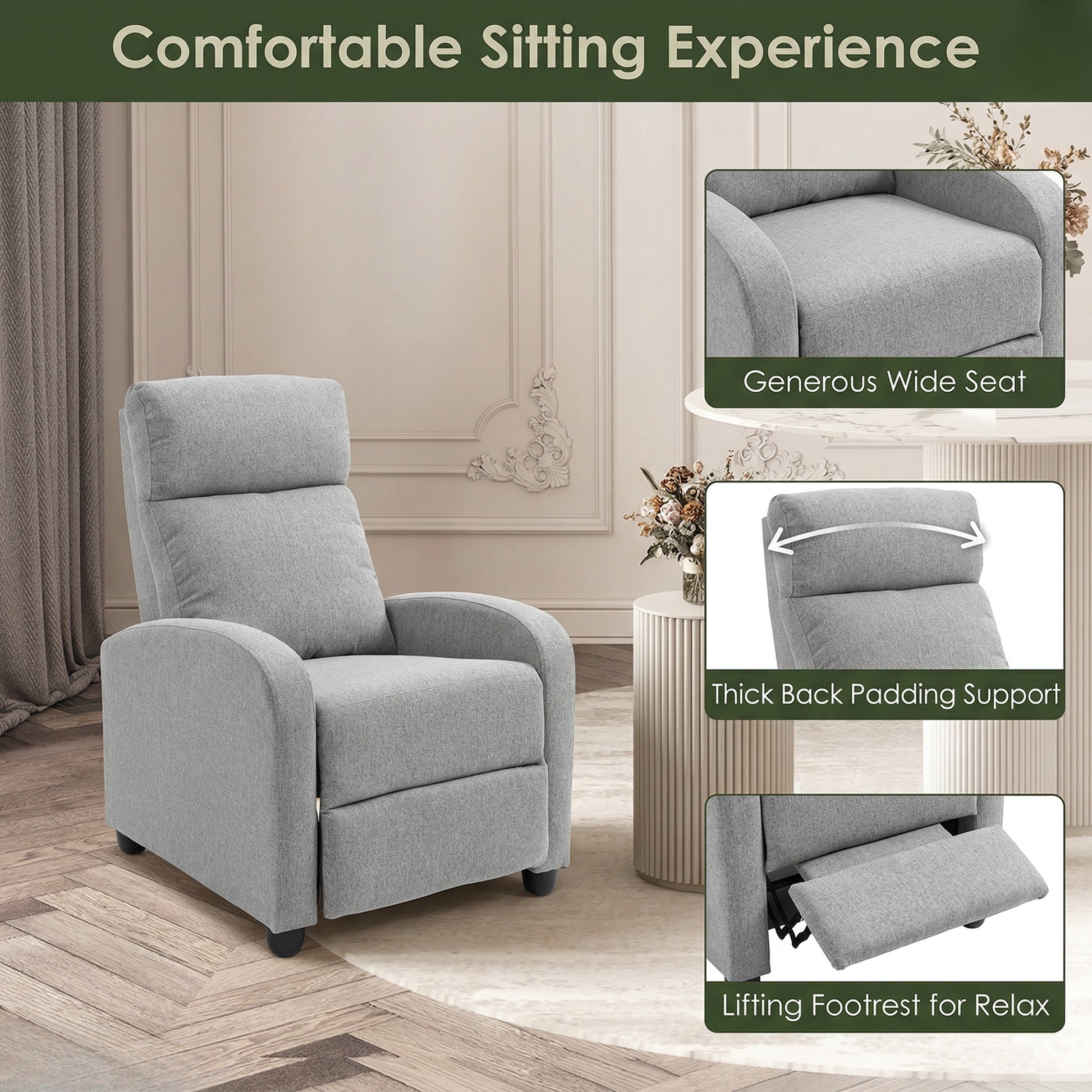 Recliner Sofa Armchair, Single Light Grey Linen-Touch Home Theater Seating-DECOROLALA