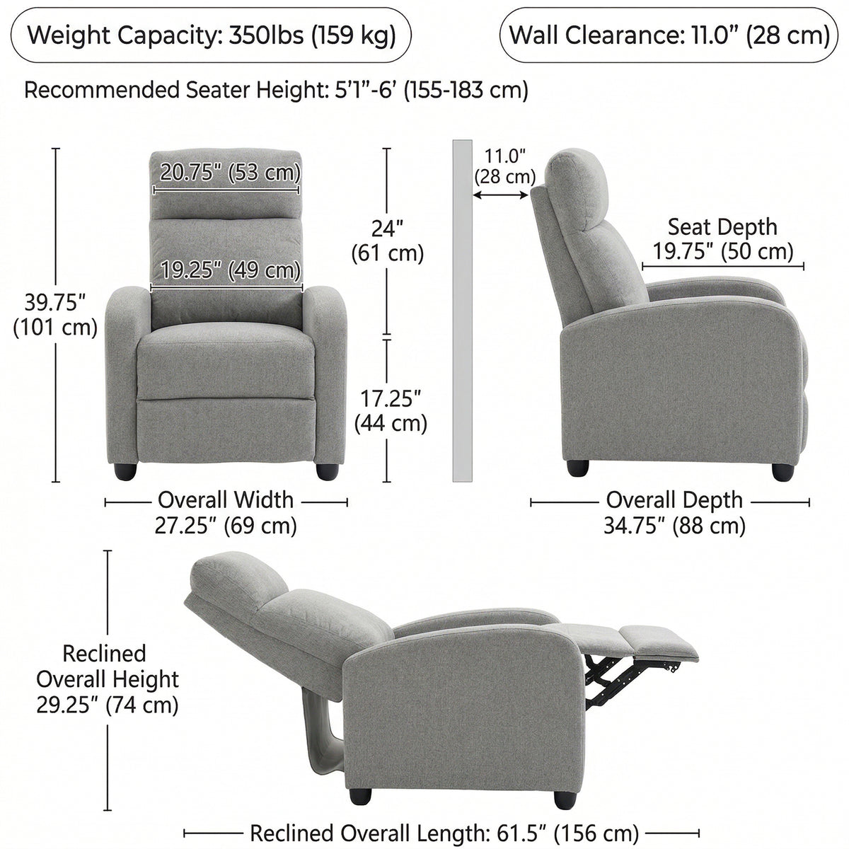 Recliner Sofa Armchair, Single Light Grey Linen-Touch Home Theater Seating-DECOROLALA