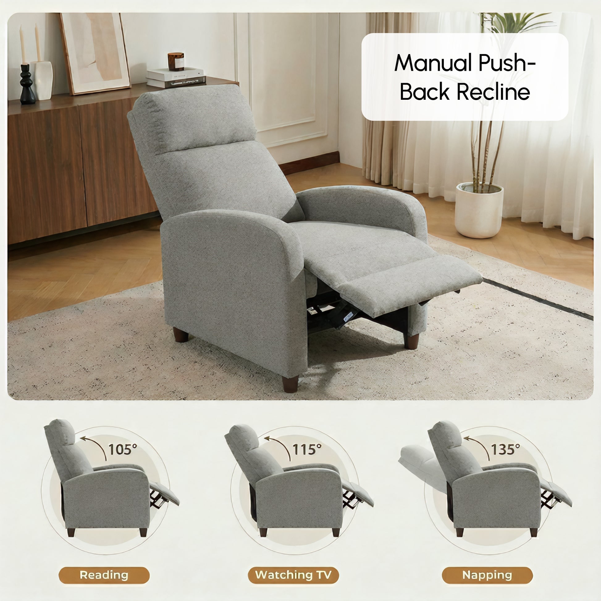 Recliner Sofa Armchair, Single Light Grey Linen-Touch Home Theater Seating-DECOROLALA