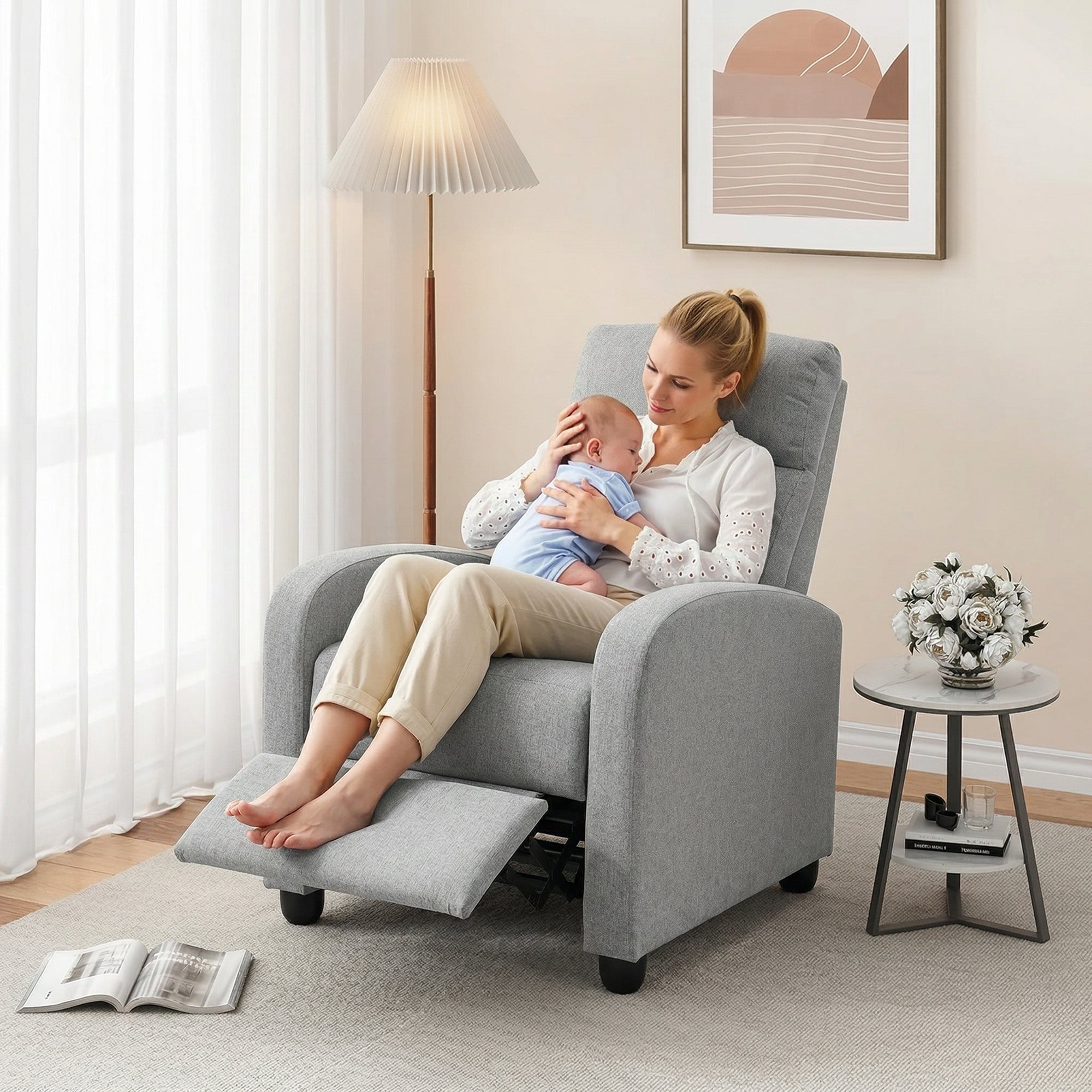 Recliner Sofa Armchair, Single Light Grey Linen-Touch Home Theater Seating-DECOROLALA