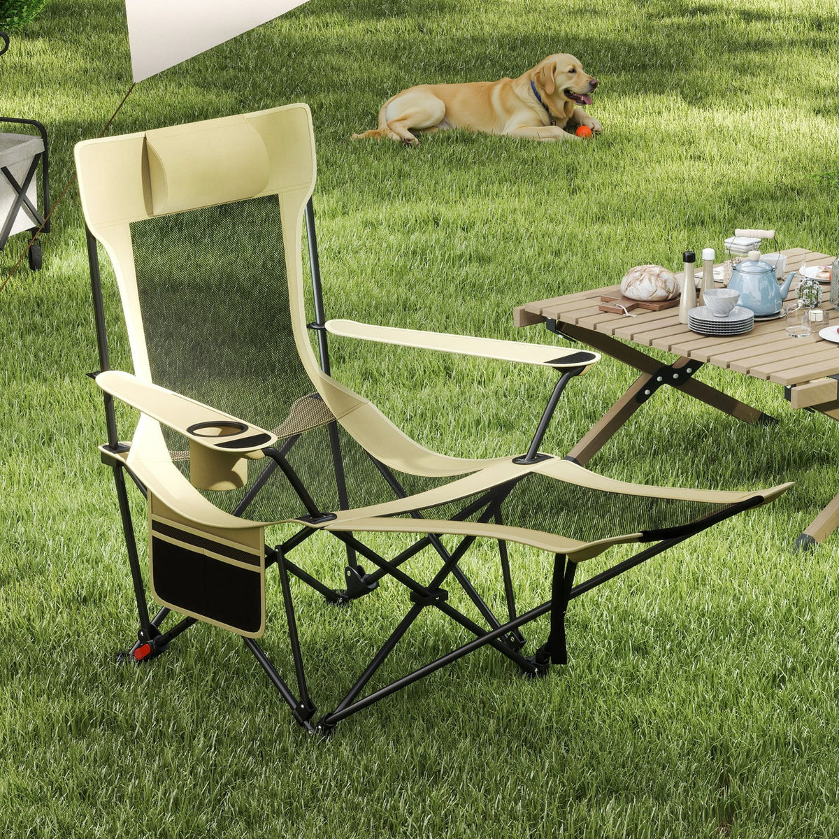 Reclining Camping Chair with Removable Footrest and Adjustable Backrest-Green-Camping Furniture-DECOROLALA