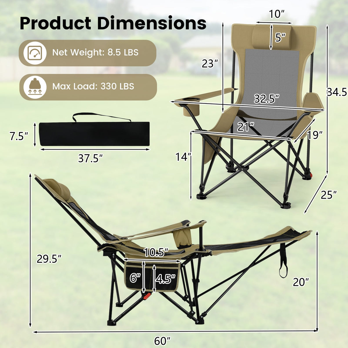 Reclining Camping Chair with Removable Footrest and Adjustable Backrest-Green-Camping Furniture-DECOROLALA