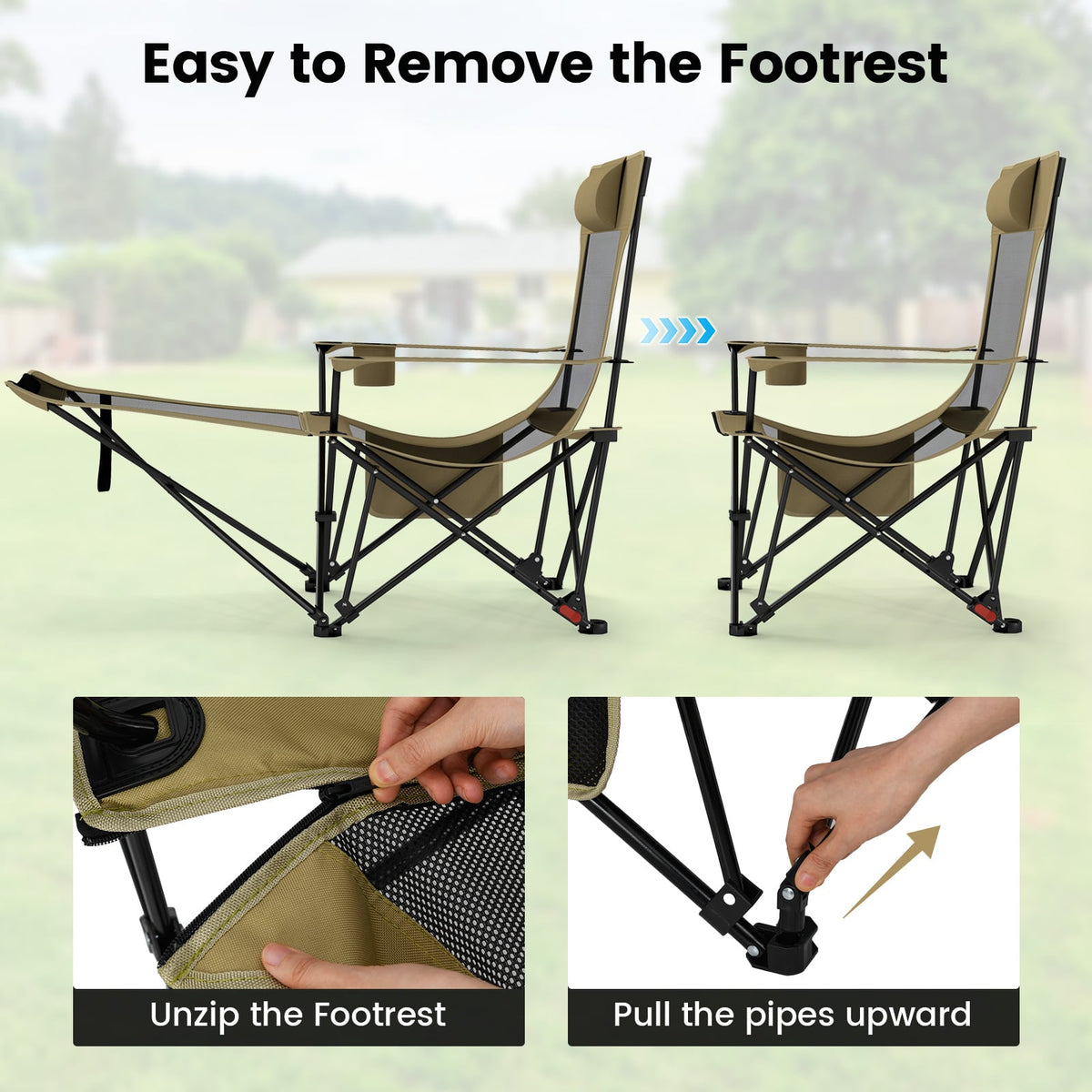Reclining Camping Chair with Removable Footrest and Adjustable Backrest-Green-Camping Furniture-DECOROLALA