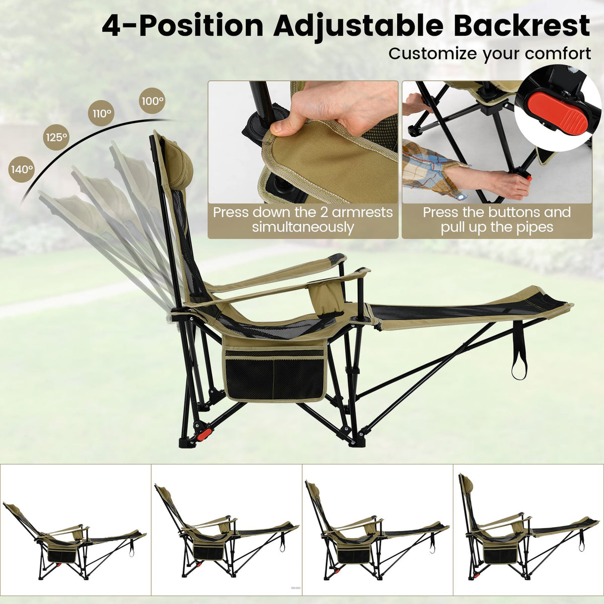 Reclining Camping Chair with Removable Footrest and Adjustable Backrest-Green-Camping Furniture-DECOROLALA