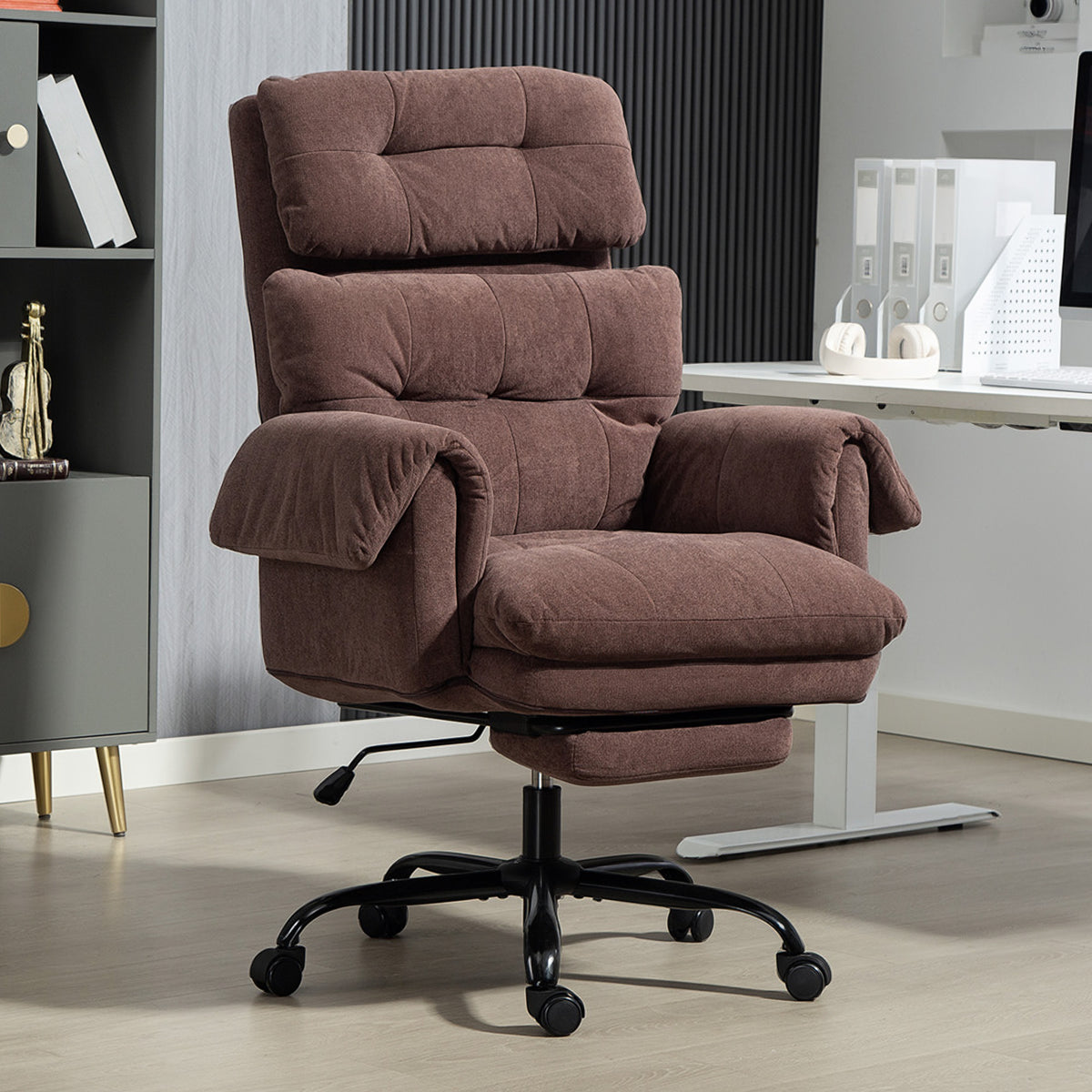 Reclining Ergonomic Office Chair with Footrest - Coffee Brown-Office Products > Office Furniture > Office Chairs-DECOROLALA