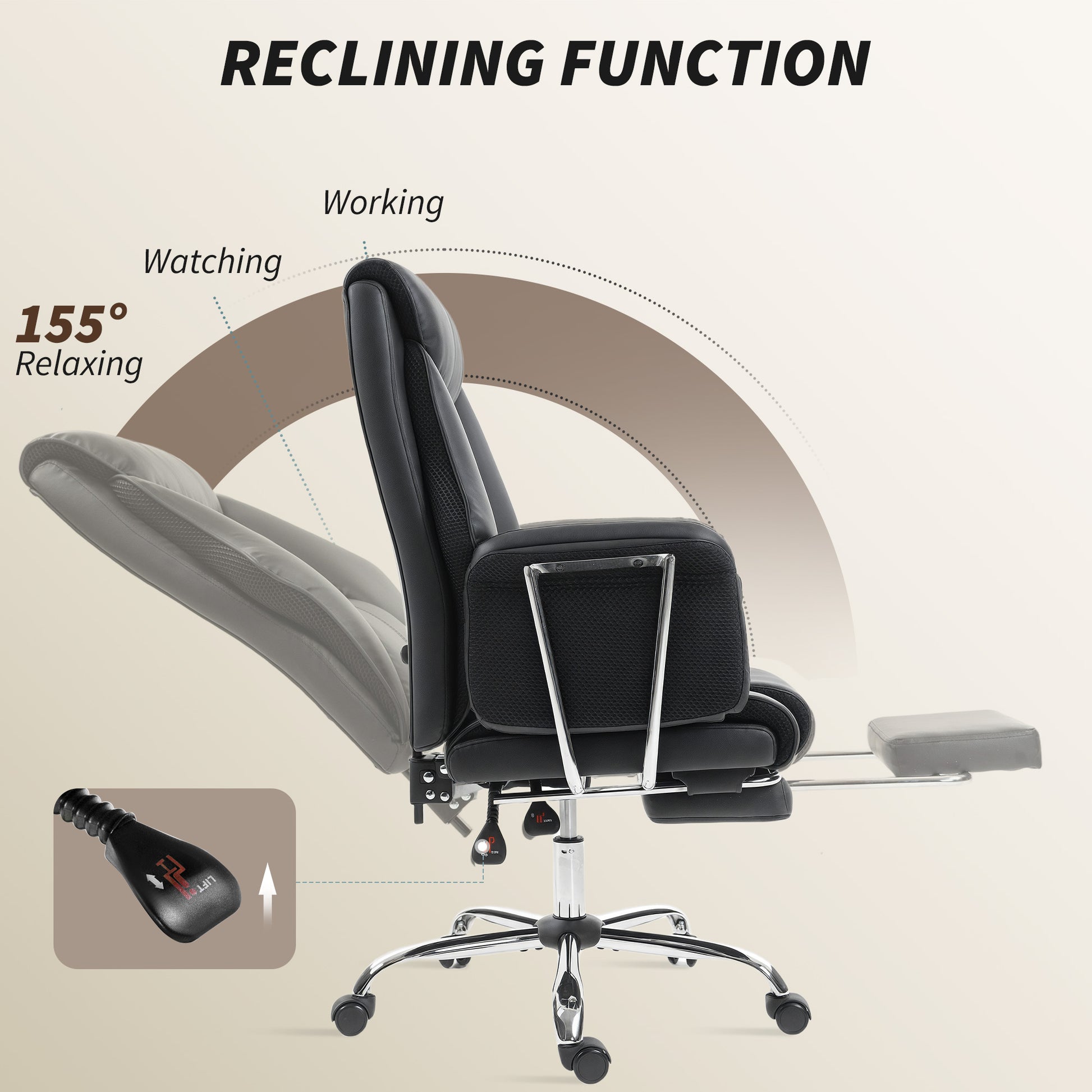 Reclining Executive Office Chair - Black PU Leather Footrest-DECOROLALA