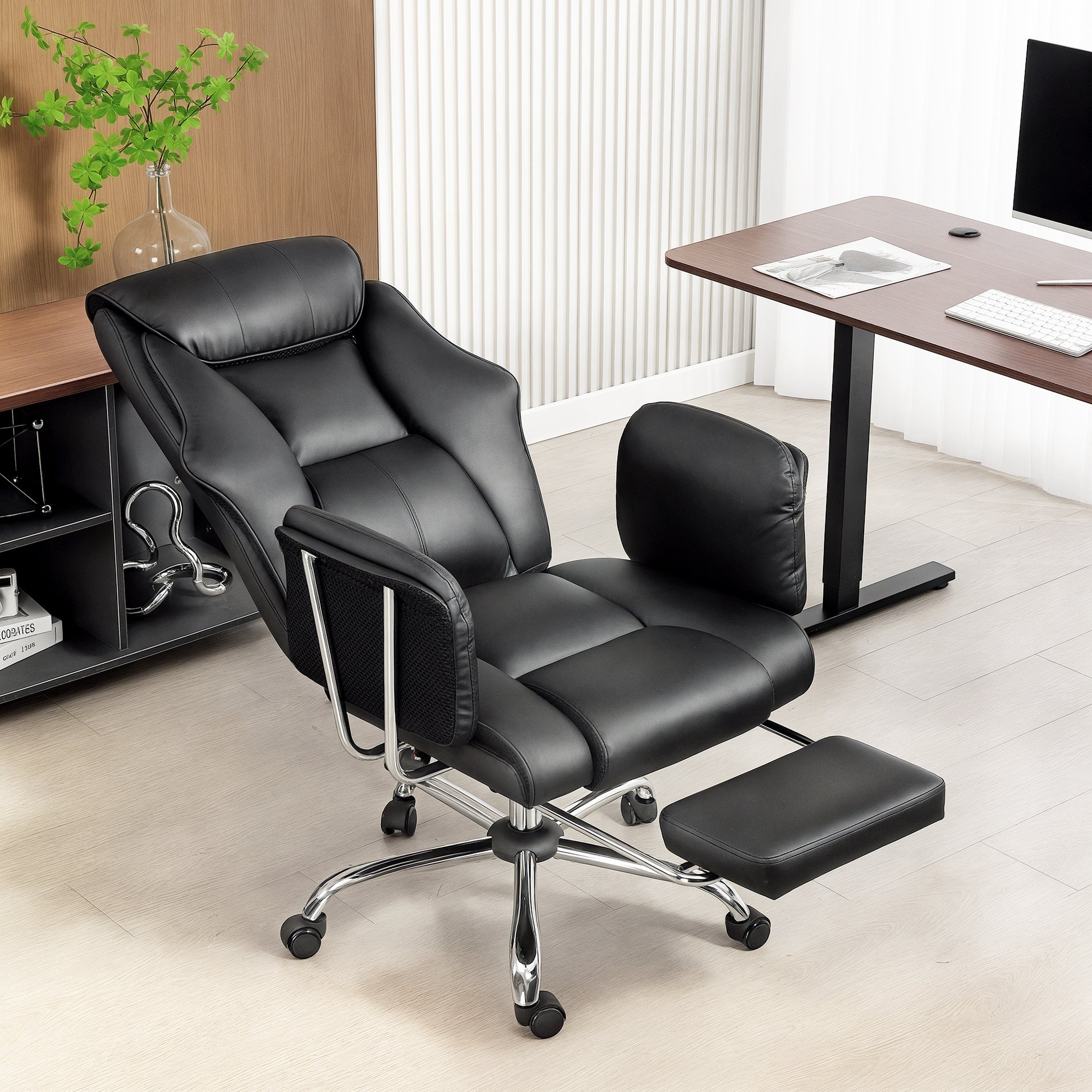 Reclining Executive Office Chair - Black PU Leather Footrest-DECOROLALA