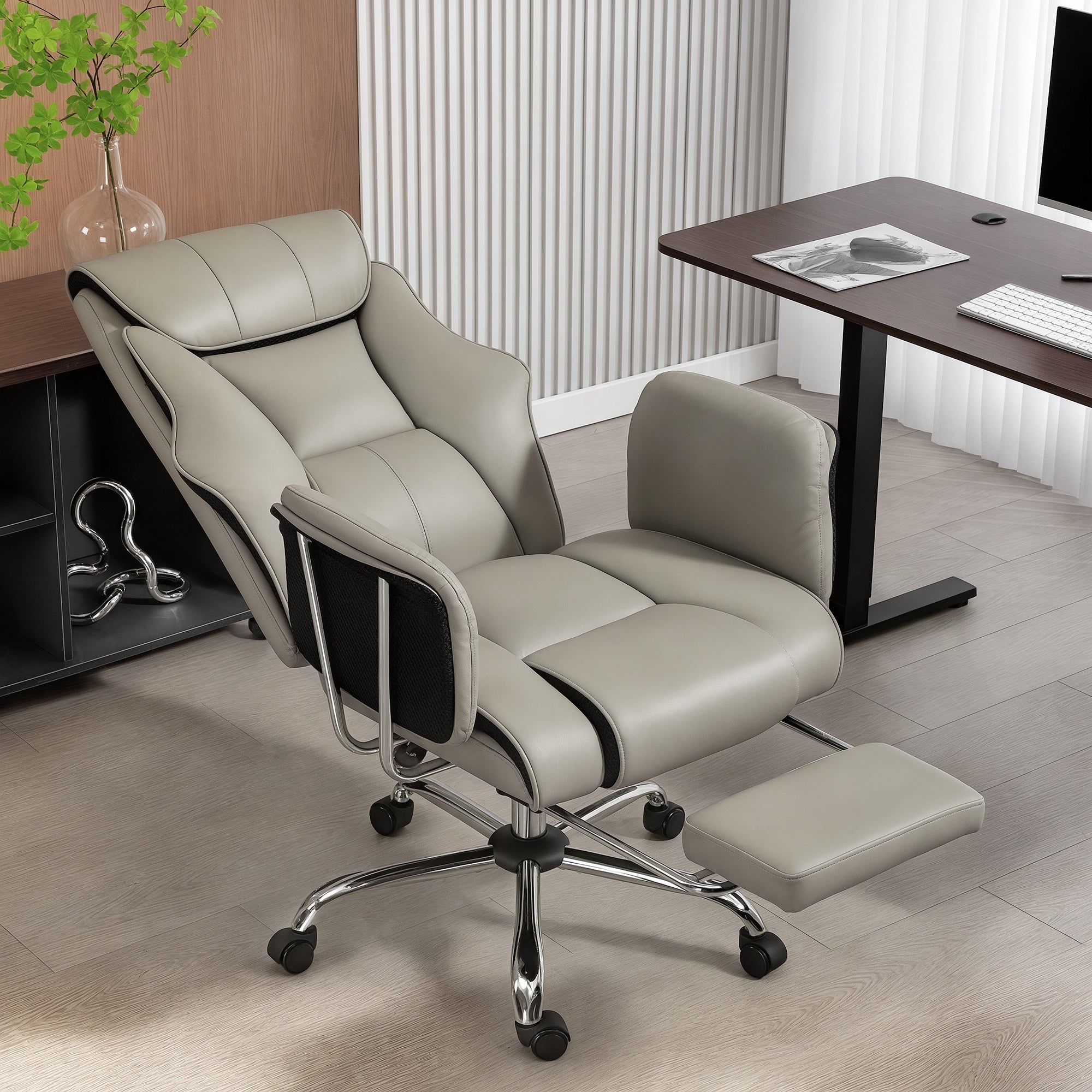 Reclining Executive Office Chair with Footrest - Grey-DECOROLALA