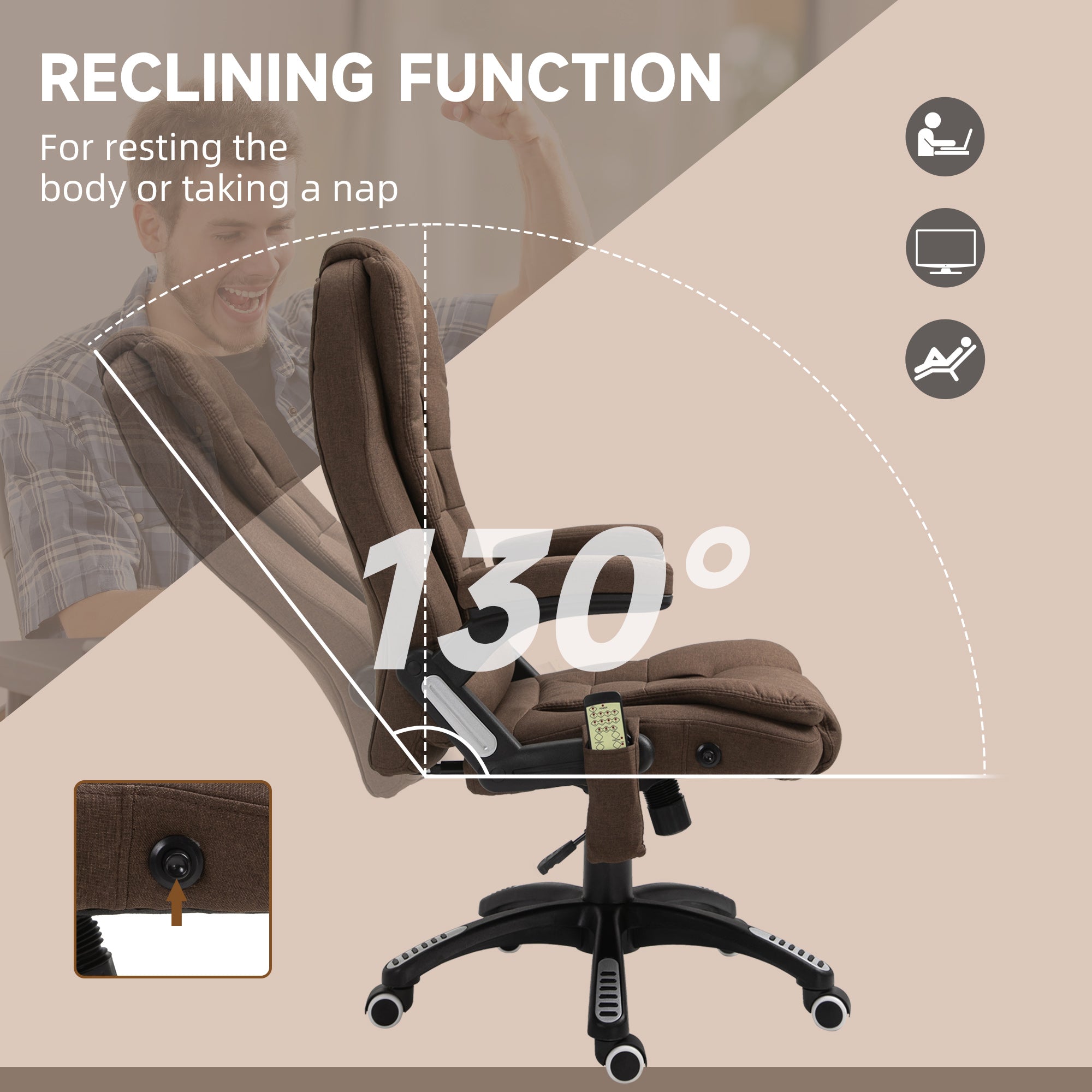 Reclining Massage Office Chair, Brown, High Back, Swivel, 130¡ Recline-DECOROLALA