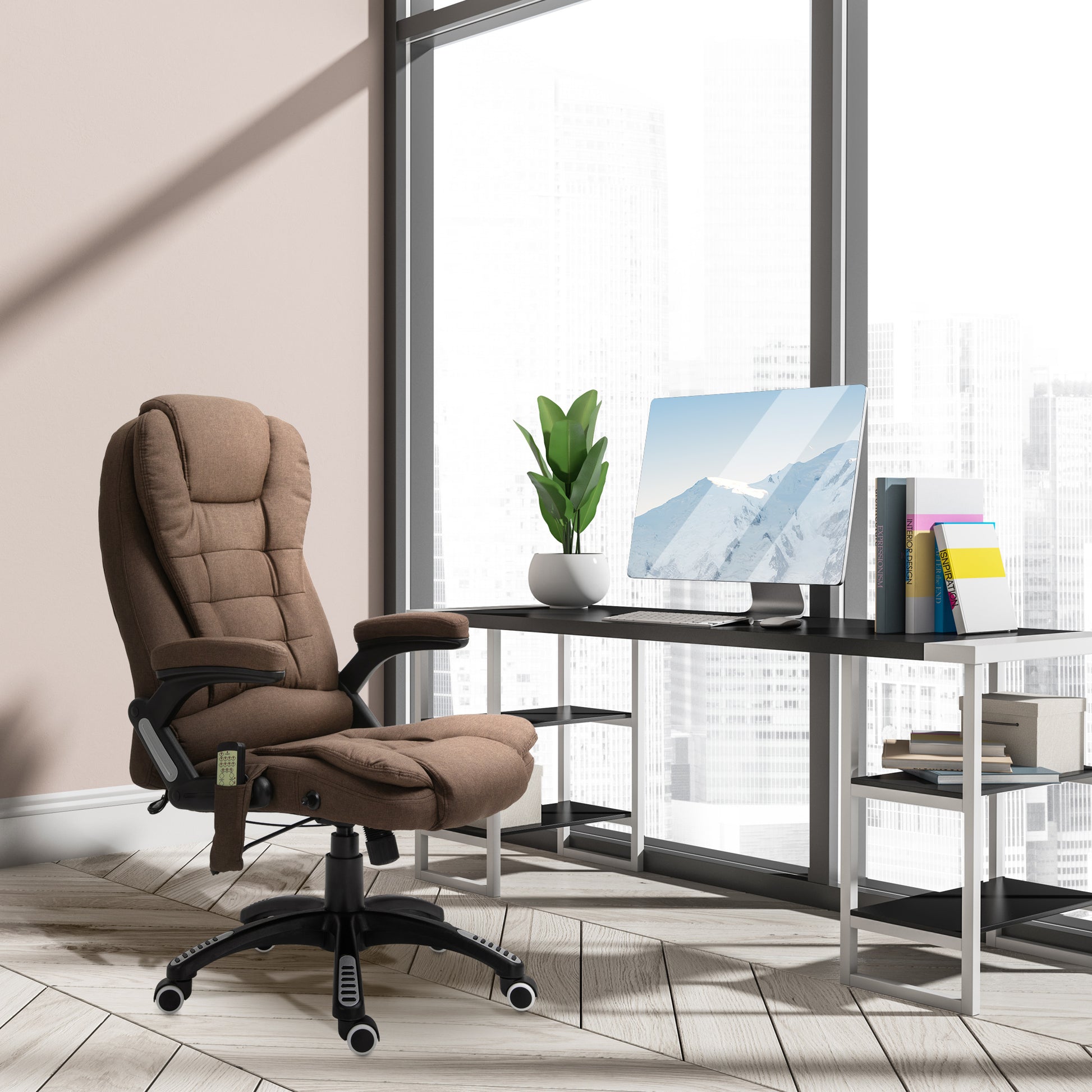 Reclining Massage Office Chair, Brown, High Back, Swivel, 130¡ Recline-DECOROLALA