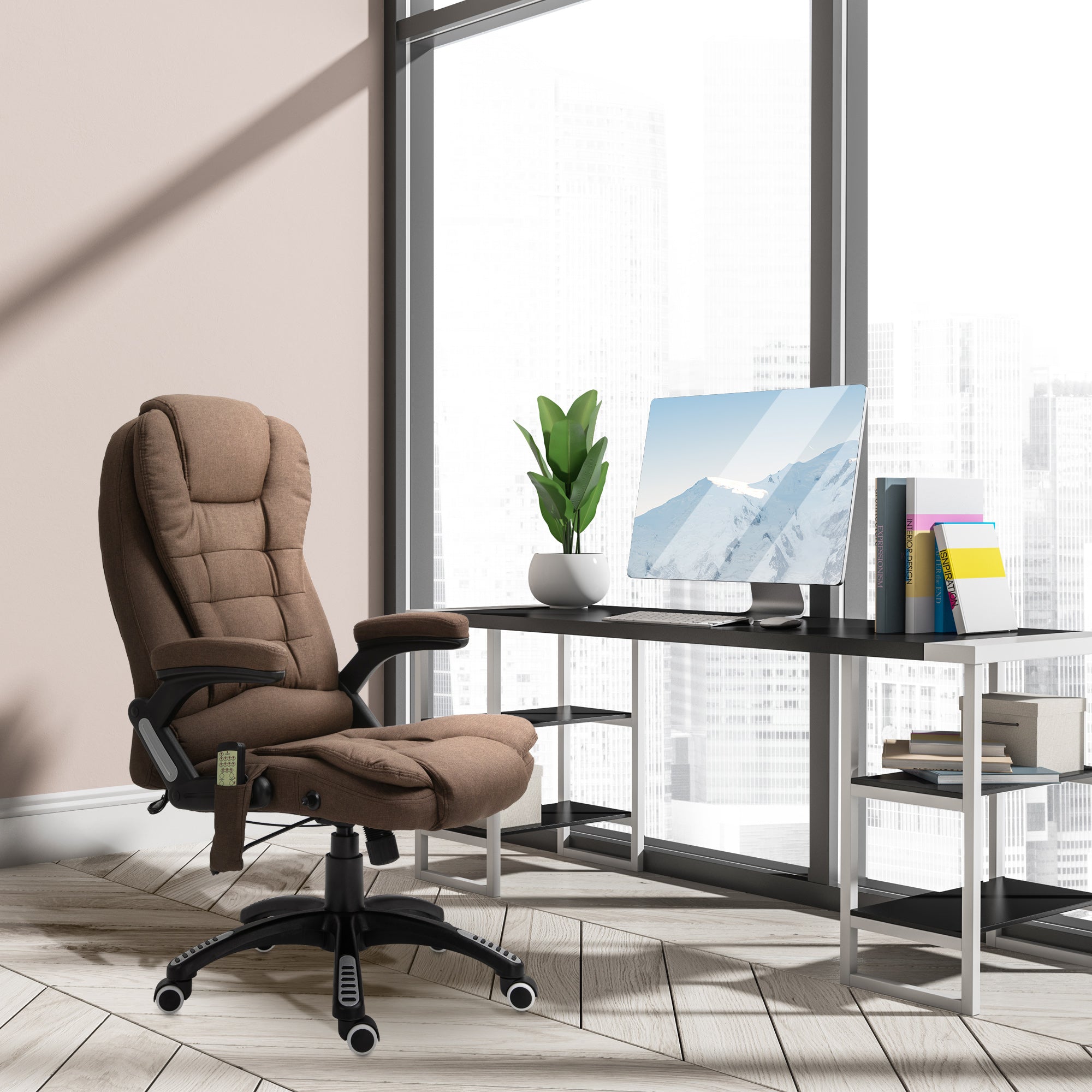 Reclining Massage Office Chair, Brown, High Back, Swivel, 130¡ Recline-DECOROLALA