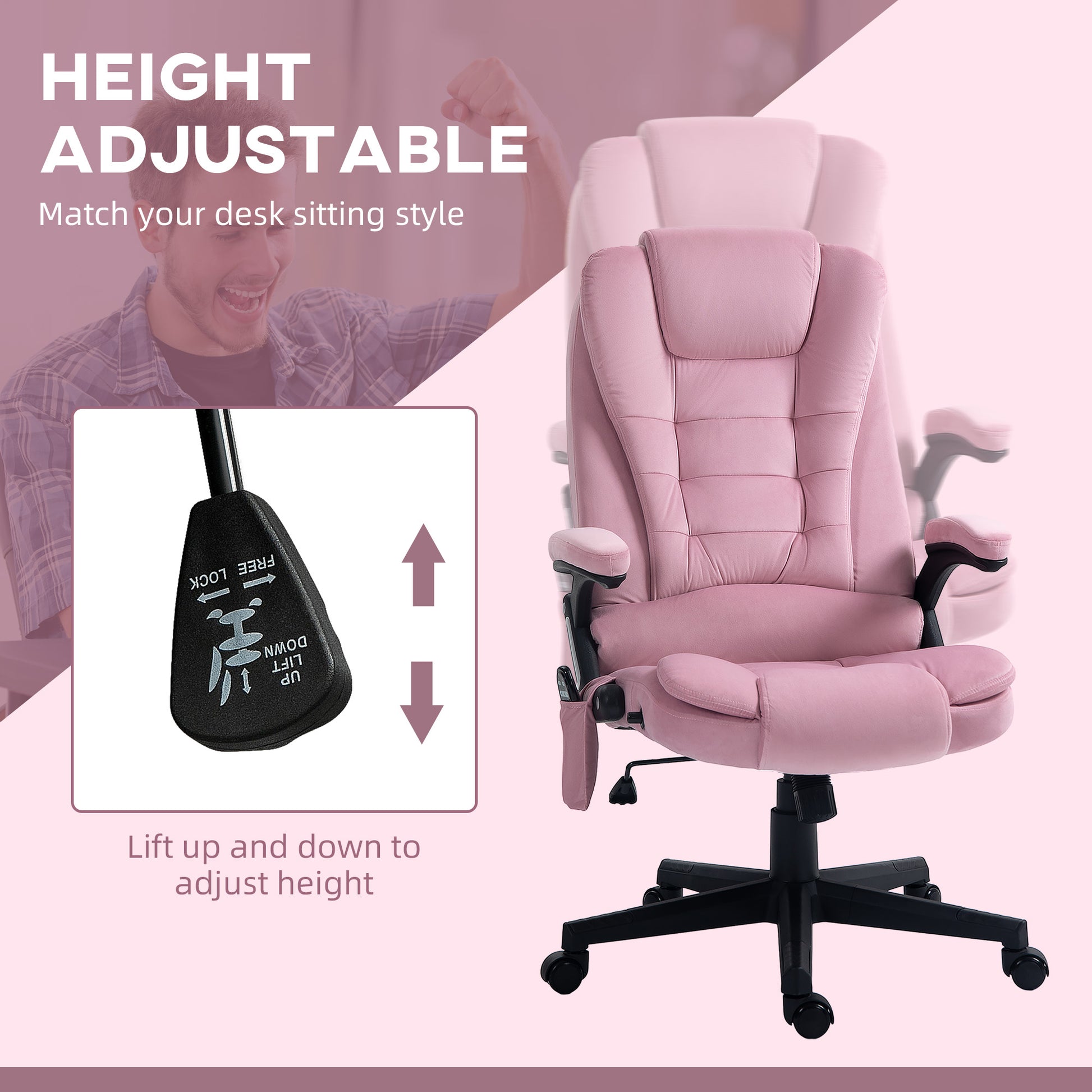 Reclining Massage Office Chair, Pink High-Back, 6 Massage Points, Swivel Wheels-DECOROLALA