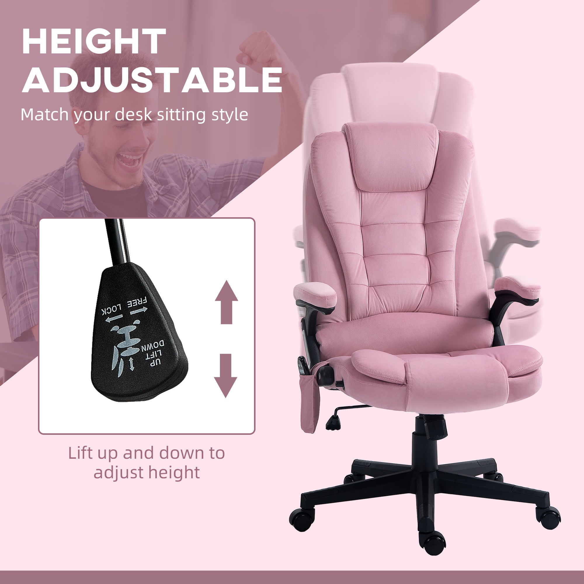 Reclining Massage Office Chair, Pink High-Back, 6 Massage Points, Swivel Wheels-DECOROLALA