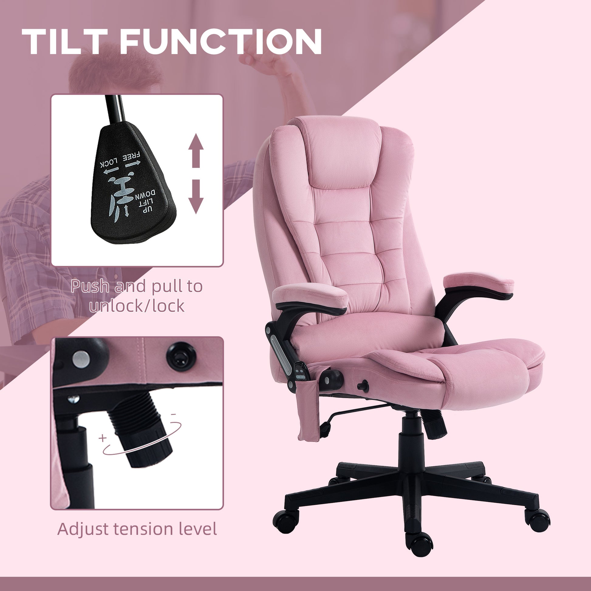 Reclining Massage Office Chair, Pink High-Back, 6 Massage Points, Swivel Wheels-DECOROLALA